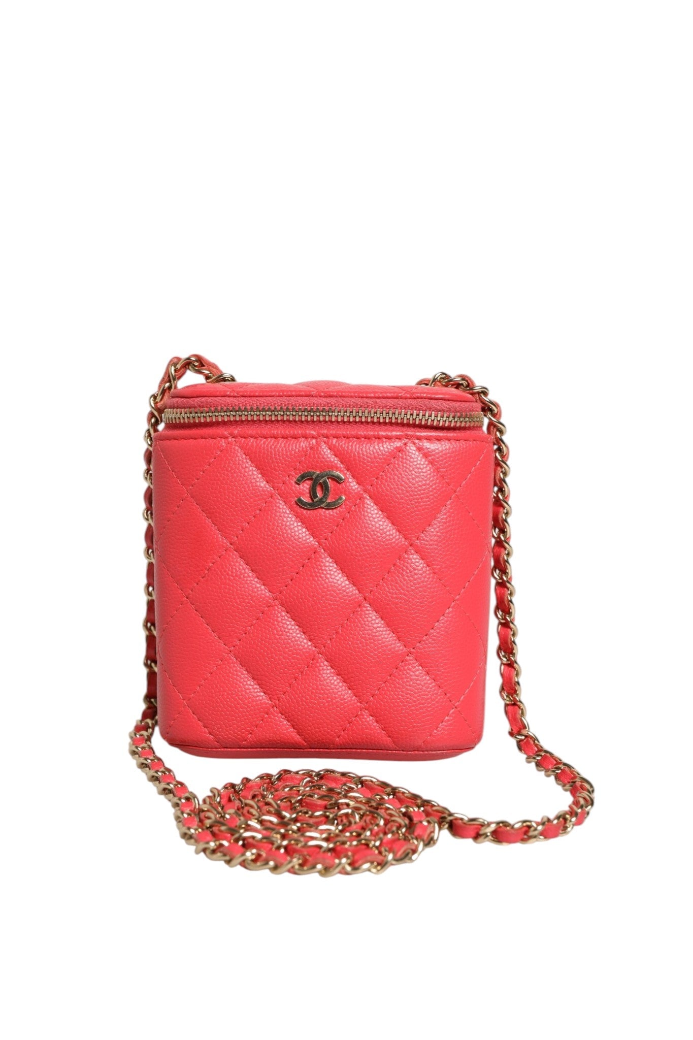 Chanel Red Caviar Quilted Small Vertical Coco Beauty Vanity Case with Chain - RIMODA