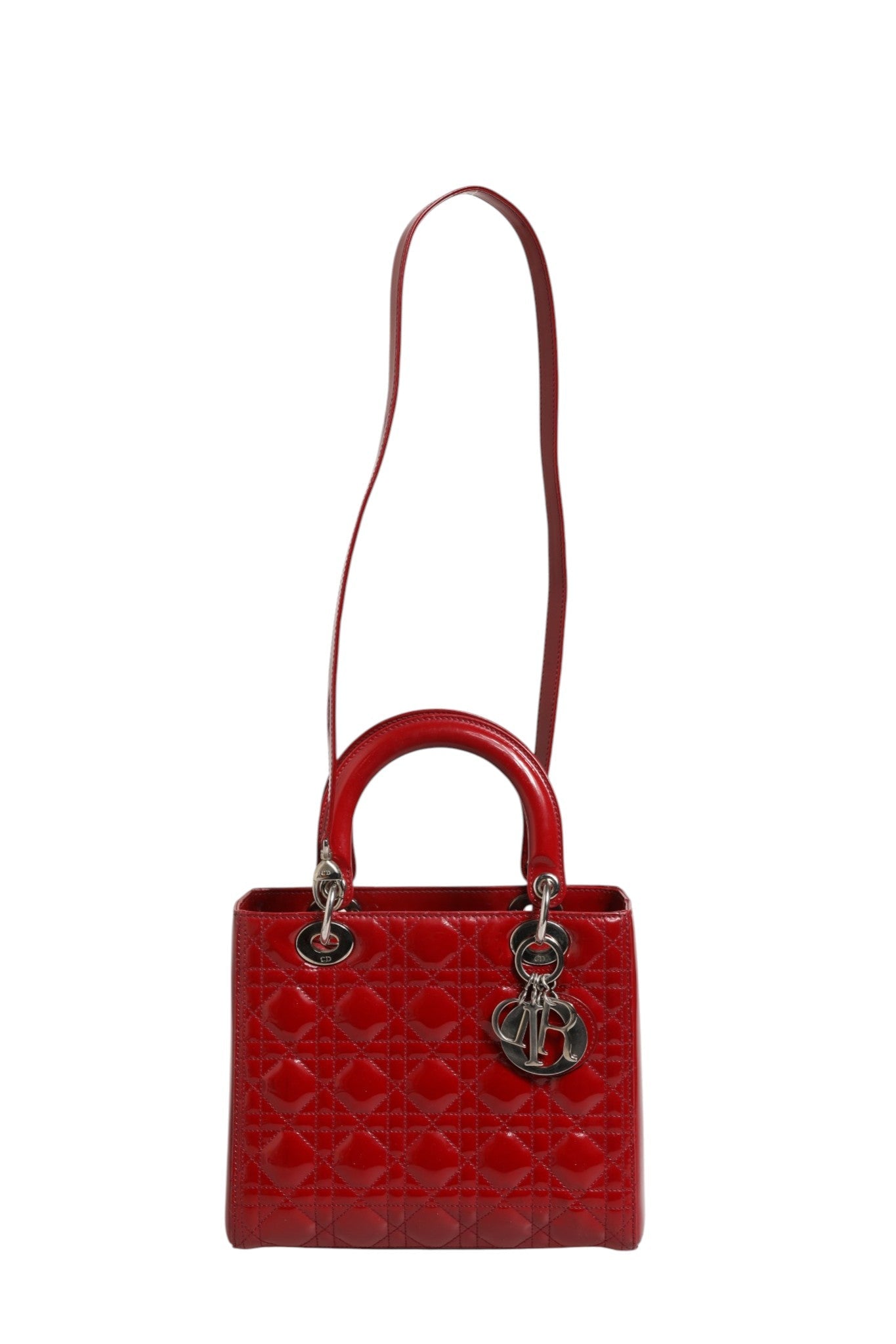 Christian Dior Cherry Red Patent Leather Cannage Quilting Small Lady Dior Bag - RIMODA