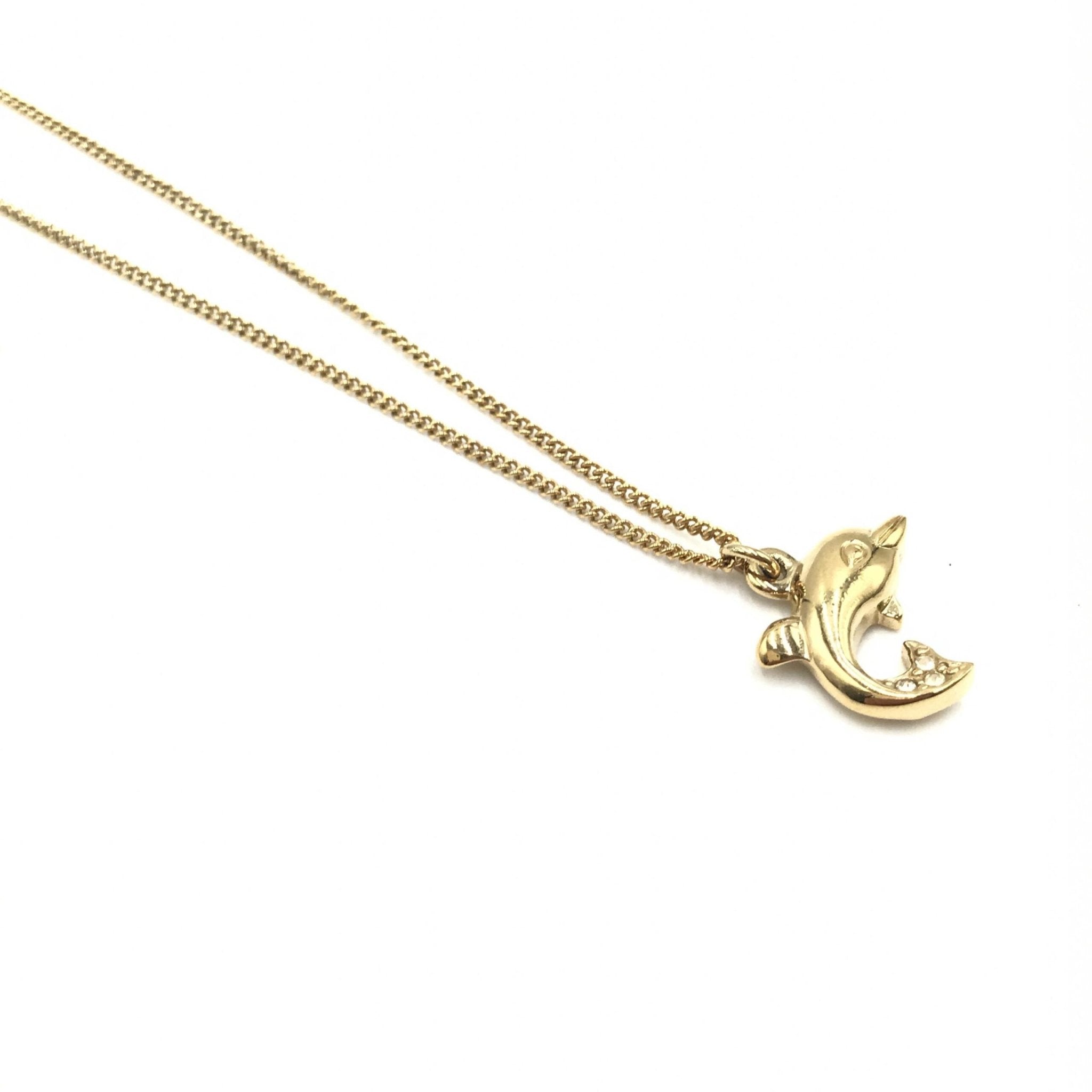 Christian Dior Dolphin Motif Rhinestone Gold Plated Necklace - RIMODA