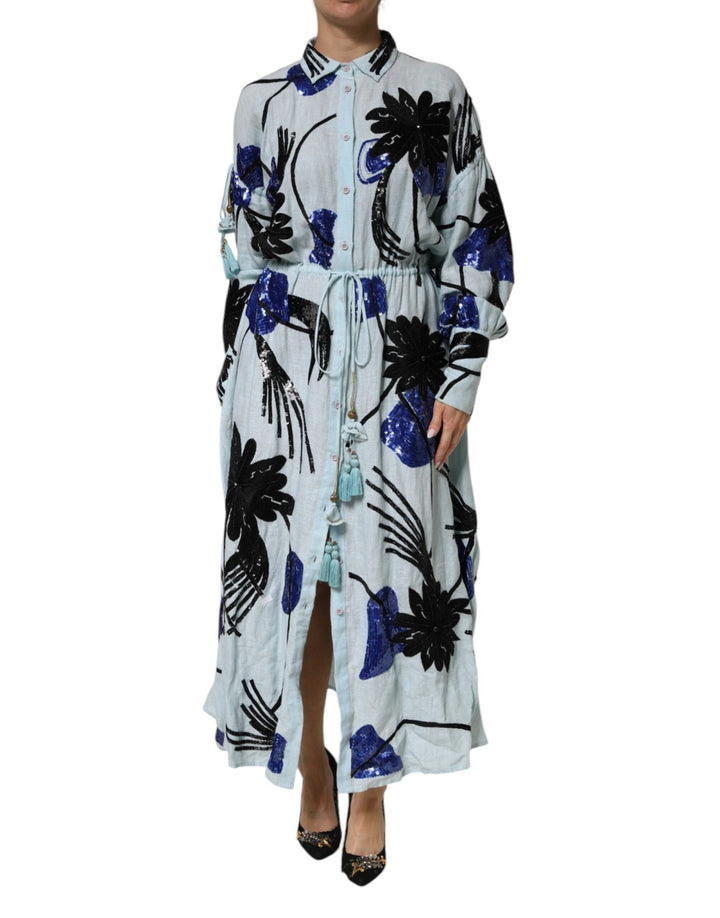 Christian Pellizzari Blue Sequin Embellished Shirt Maxi Dress - RIMODA