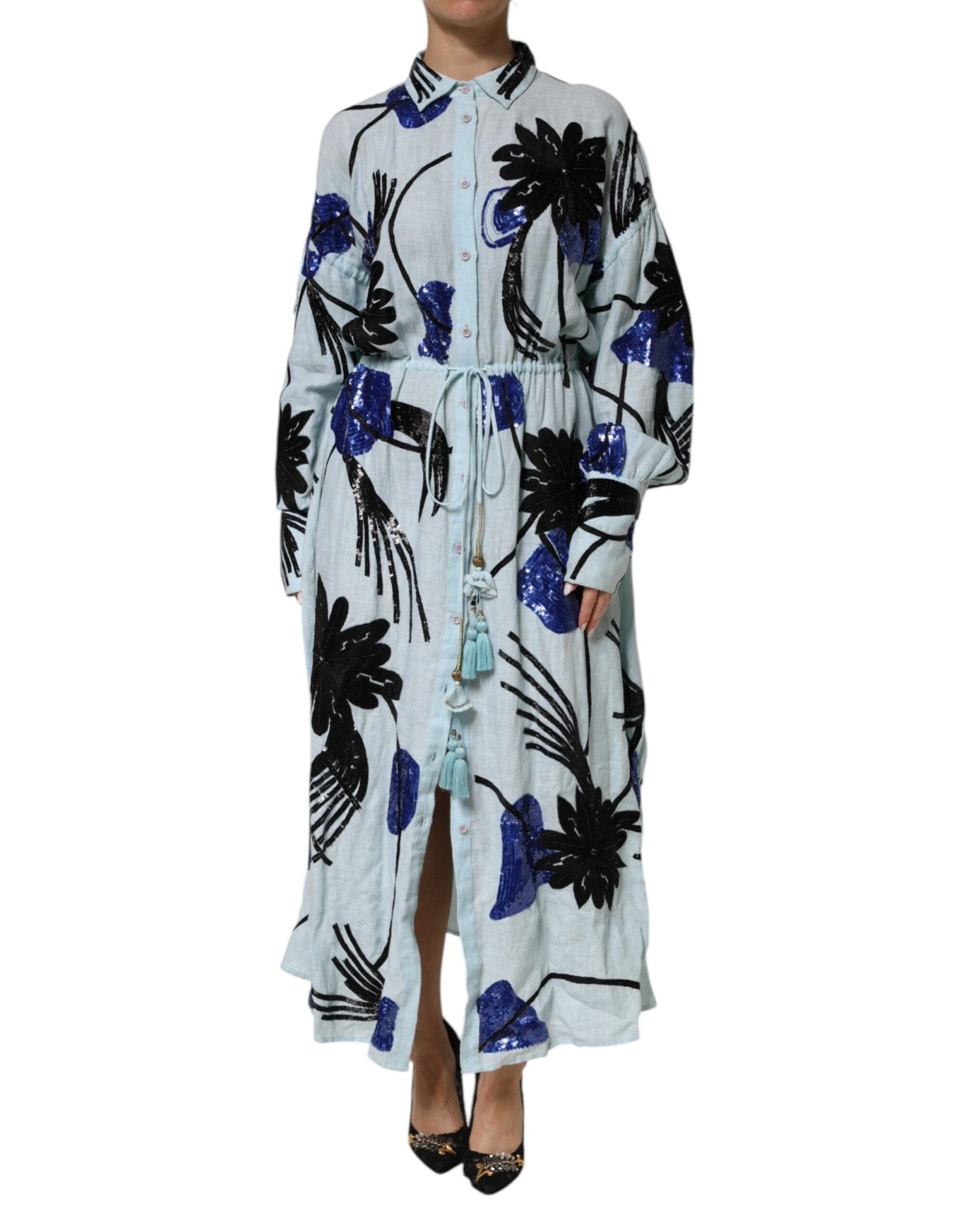 Christian Pellizzari Blue Sequin Embellished Shirt Maxi Dress - RIMODA