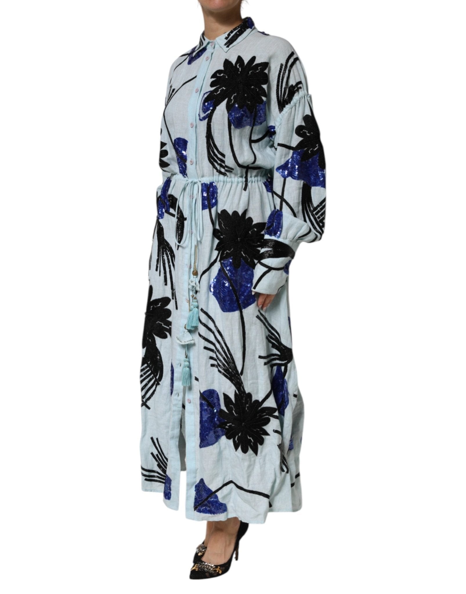 Christian Pellizzari Blue Sequin Embellished Shirt Maxi Dress - RIMODA