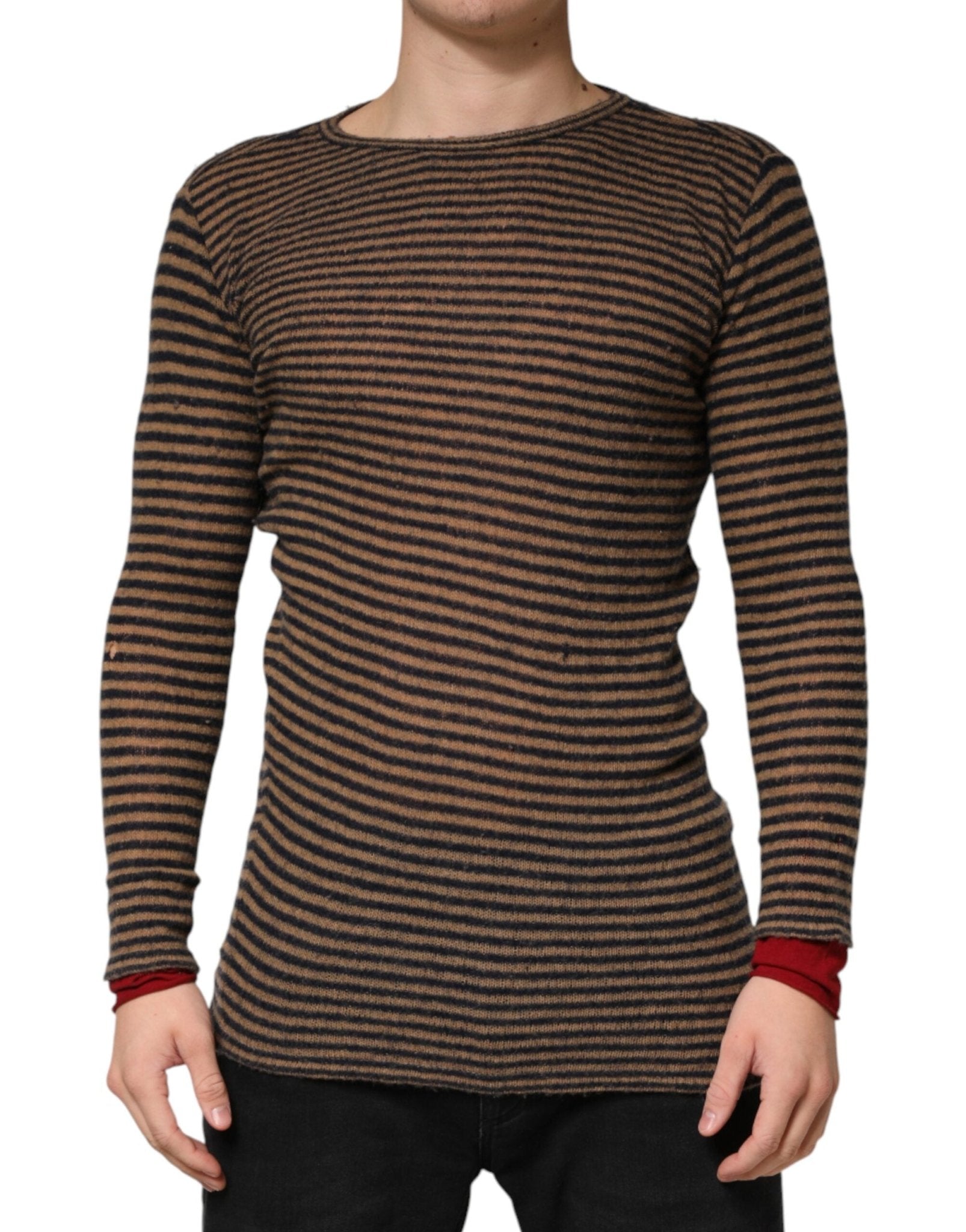 Daniele Alessandrini Brown Black Stripes Wool Crew Neck Pullover Sweater - RIMODA