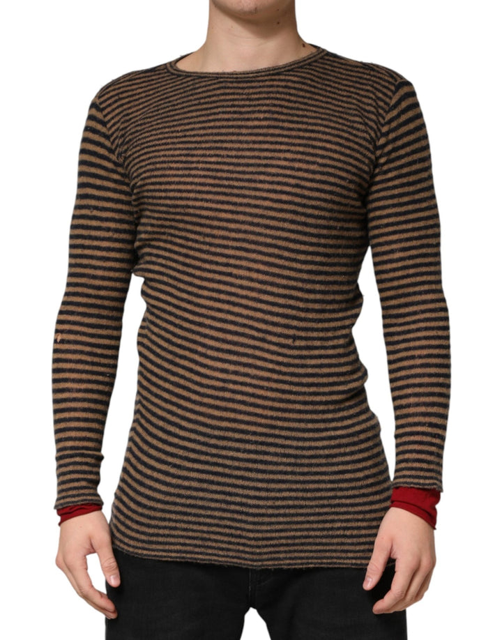 Daniele Alessandrini Brown Black Stripes Wool Crew Neck Pullover Sweater - RIMODA