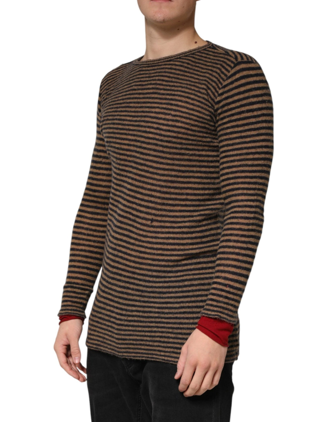 Daniele Alessandrini Brown Black Stripes Wool Crew Neck Pullover Sweater - RIMODA
