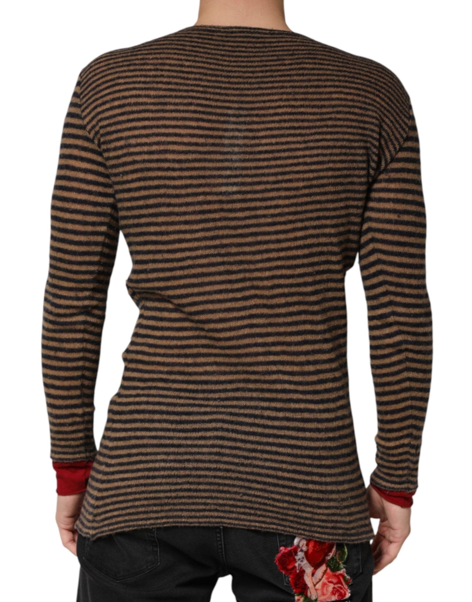 Daniele Alessandrini Brown Black Stripes Wool Crew Neck Pullover Sweater - RIMODA