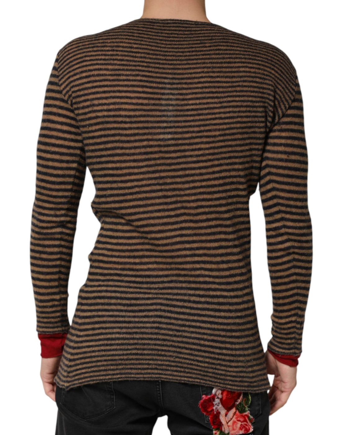 Daniele Alessandrini Brown Black Stripes Wool Crew Neck Pullover Sweater - RIMODA