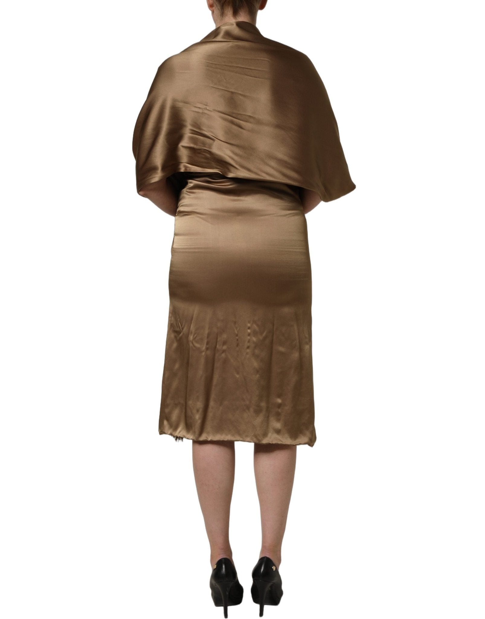 Dodo Bar Or Bronze Toned Satin Fringe Hemmed Shawl Midi Dress - RIMODA