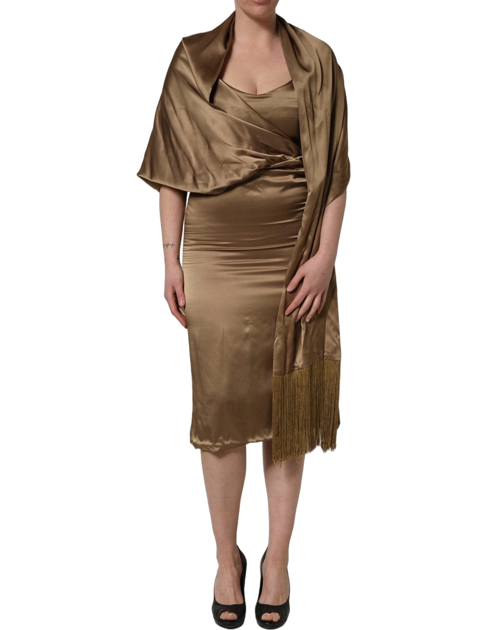 Dodo Bar Or Bronze Toned Satin Fringe Hemmed Shawl Midi Dress - RIMODA