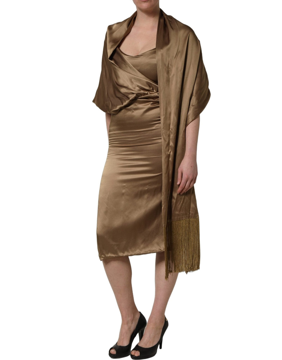 Dodo Bar Or Bronze Toned Satin Fringe Hemmed Shawl Midi Dress - RIMODA