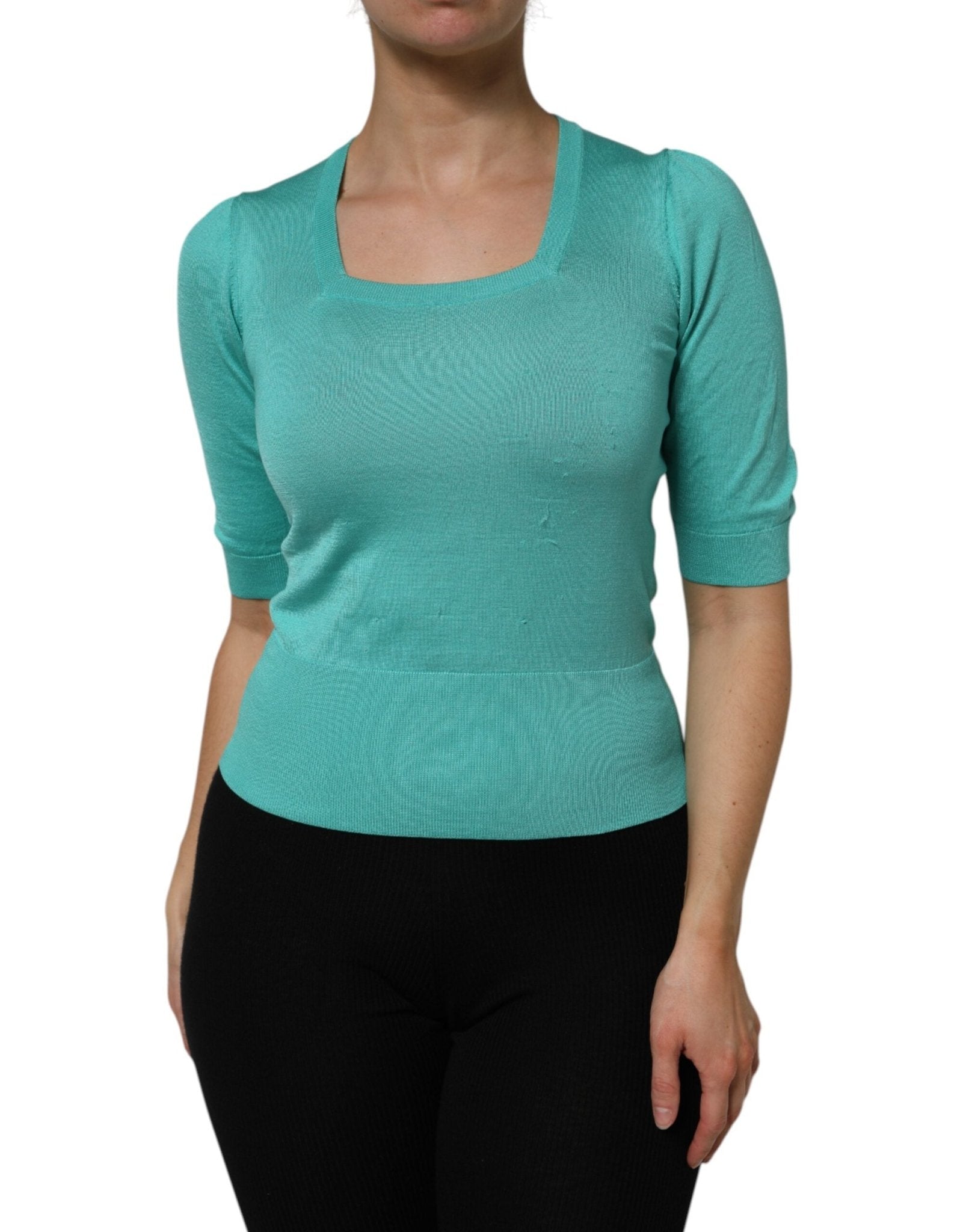 Dolce & Gabbana Aqua Blue Silk Short Sleeves Square Neck Top - RIMODA