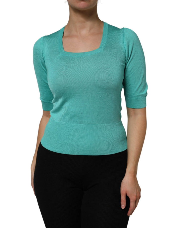 Dolce & Gabbana Aqua Blue Silk Short Sleeves Square Neck Top - RIMODA