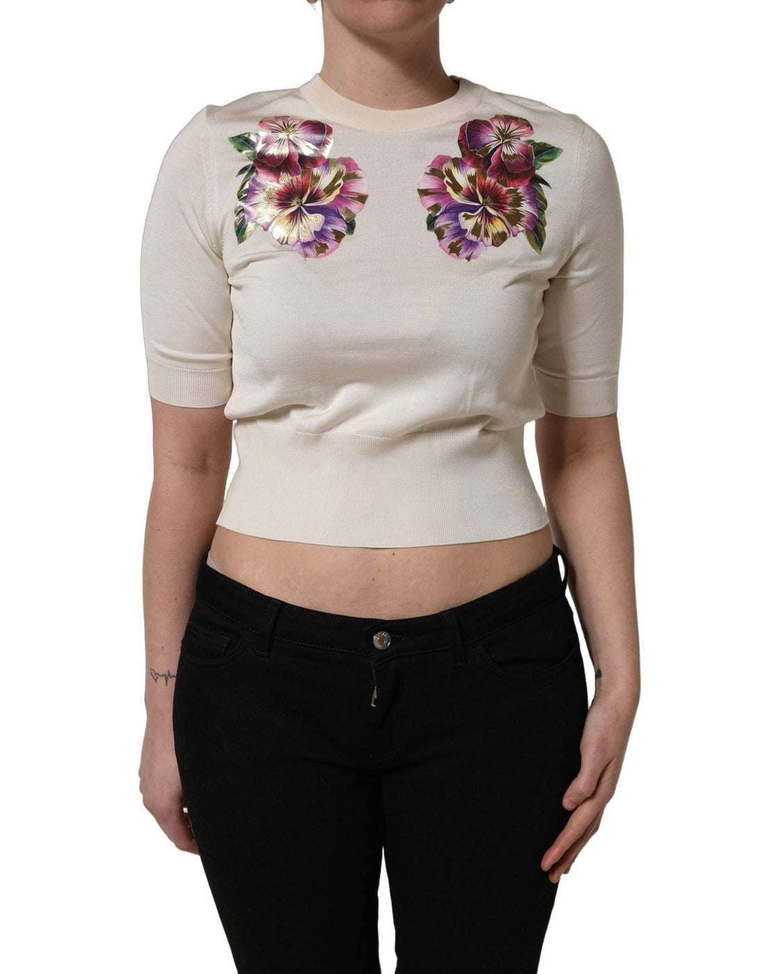 Dolce & Gabbana Beige Floral Print Silk CrewNeck Pullover Top - RIMODA