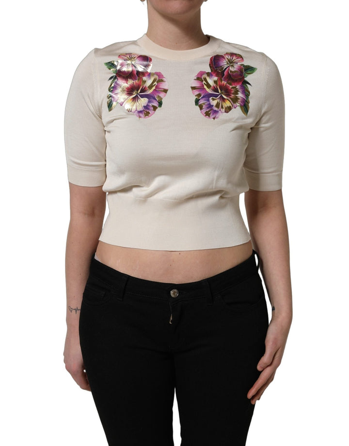 Dolce & Gabbana Beige Floral Print Silk CrewNeck Pullover Top - RIMODA