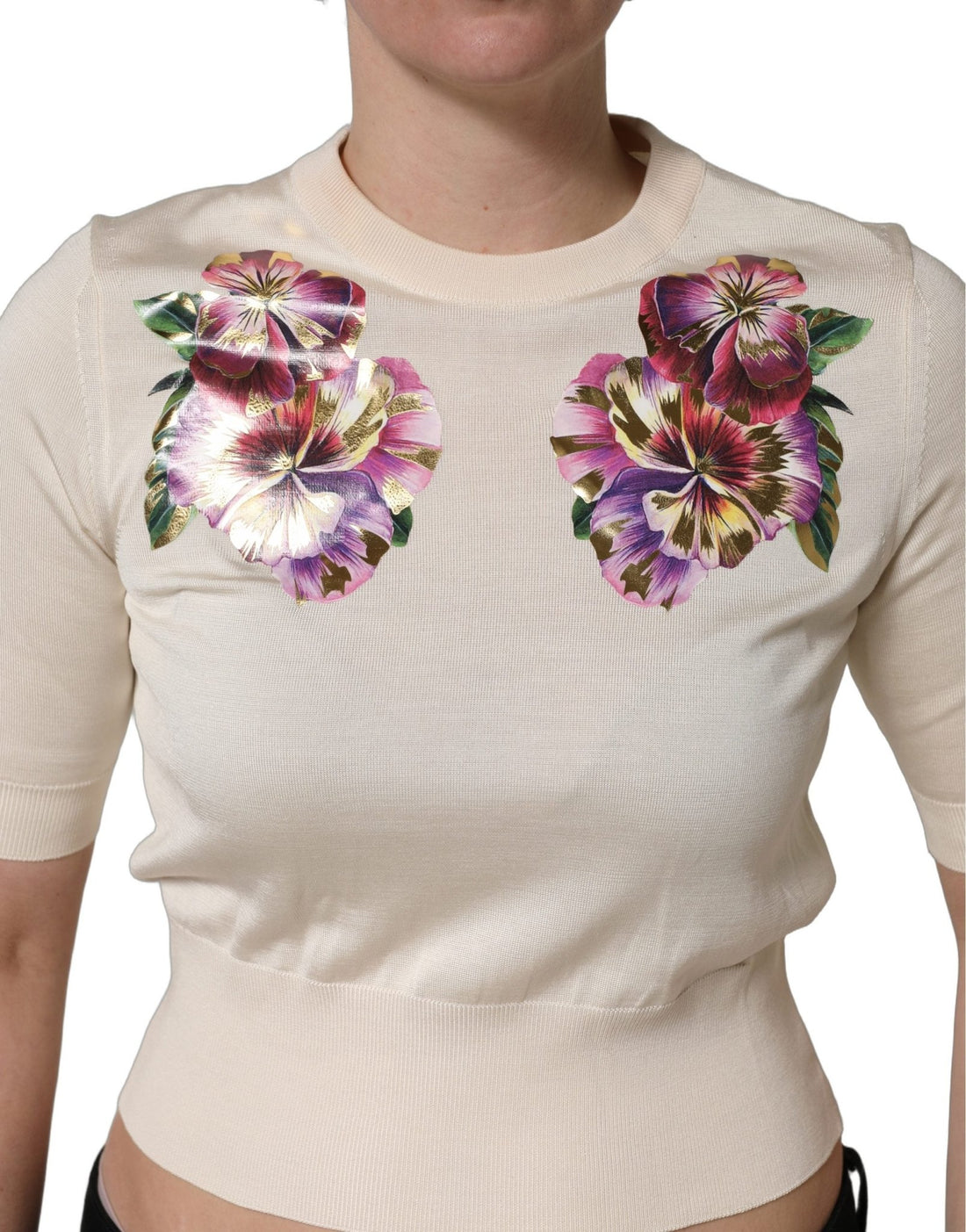 Dolce & Gabbana Beige Floral Print Silk CrewNeck Pullover Top - RIMODA