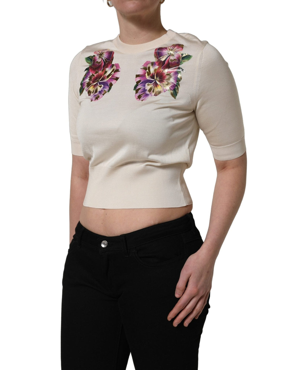 Dolce & Gabbana Beige Floral Print Silk CrewNeck Pullover Top - RIMODA