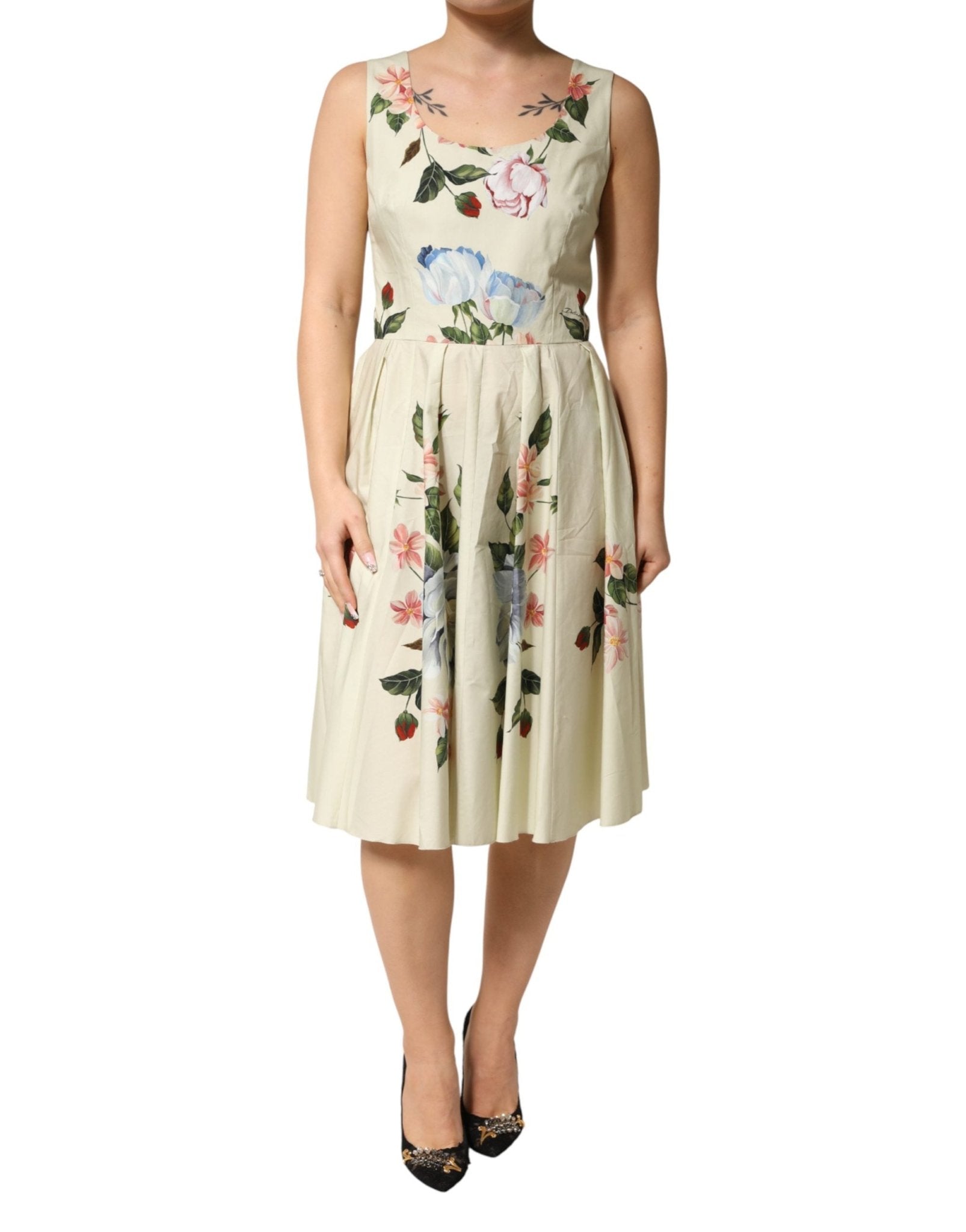 Dolce & Gabbana Beige Floral Sleeveless A - line Midi Dress - RIMODA