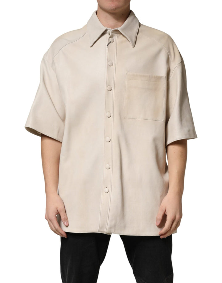 Dolce & Gabbana Beige Leather Button Down Men Casual Shirt - RIMODA
