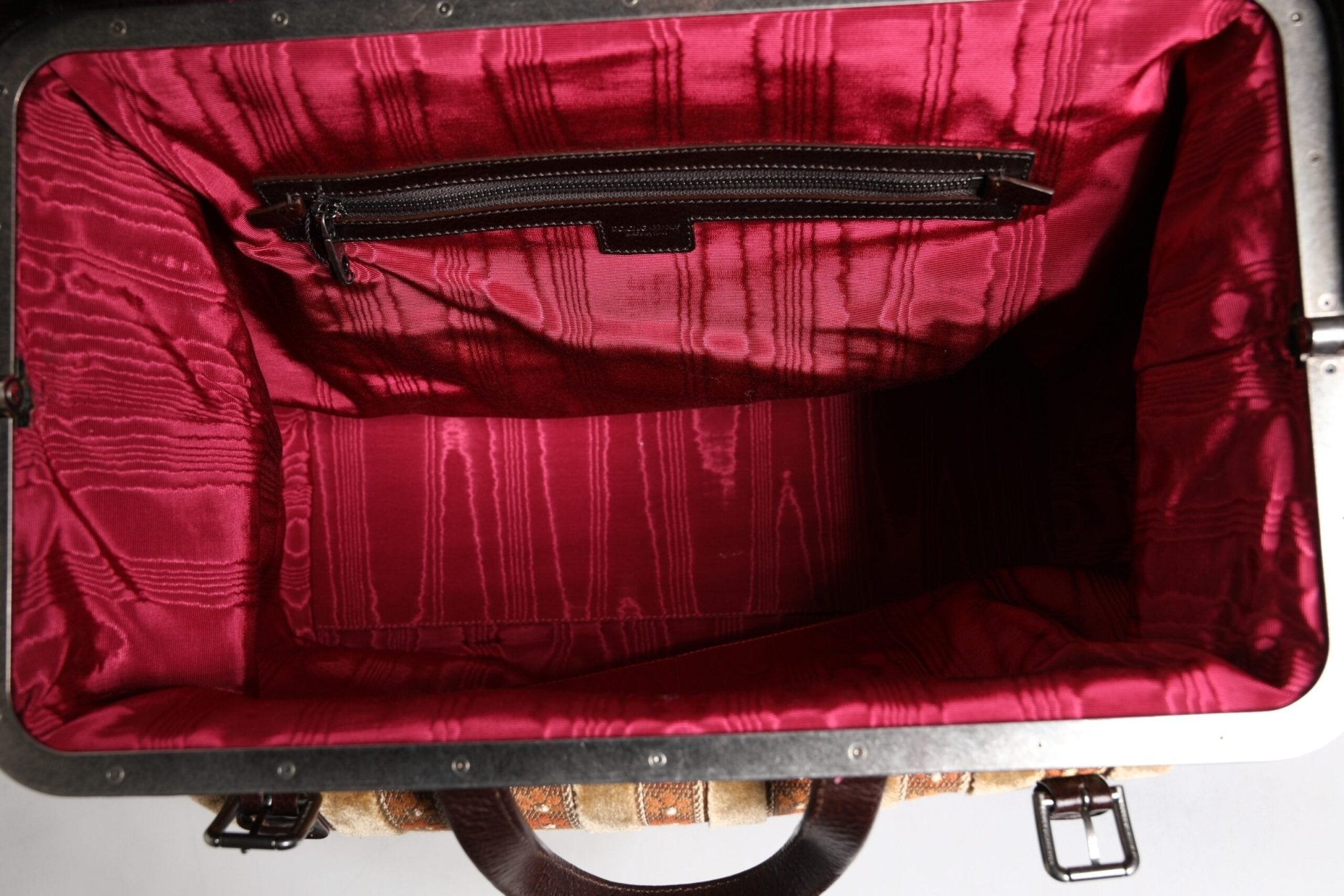 Dolce & Gabbana Beige Maroon Velvet Leather Jacquard Travel Handbag Bag - RIMODA