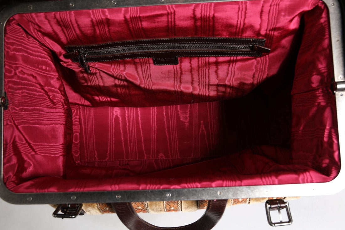 Dolce & Gabbana Beige Maroon Velvet Leather Jacquard Travel Handbag Bag - RIMODA