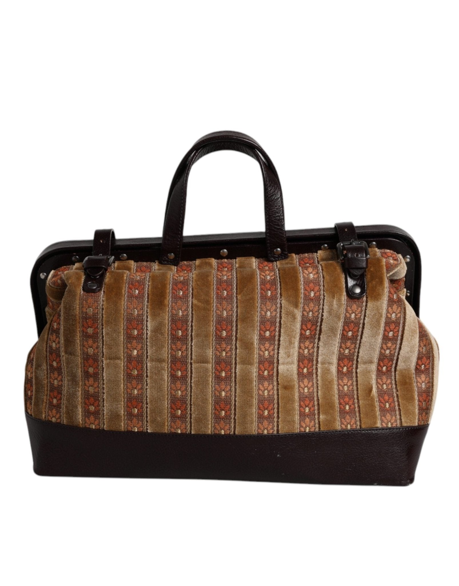 Dolce & Gabbana Beige Maroon Velvet Leather Jacquard Travel Handbag Bag - RIMODA