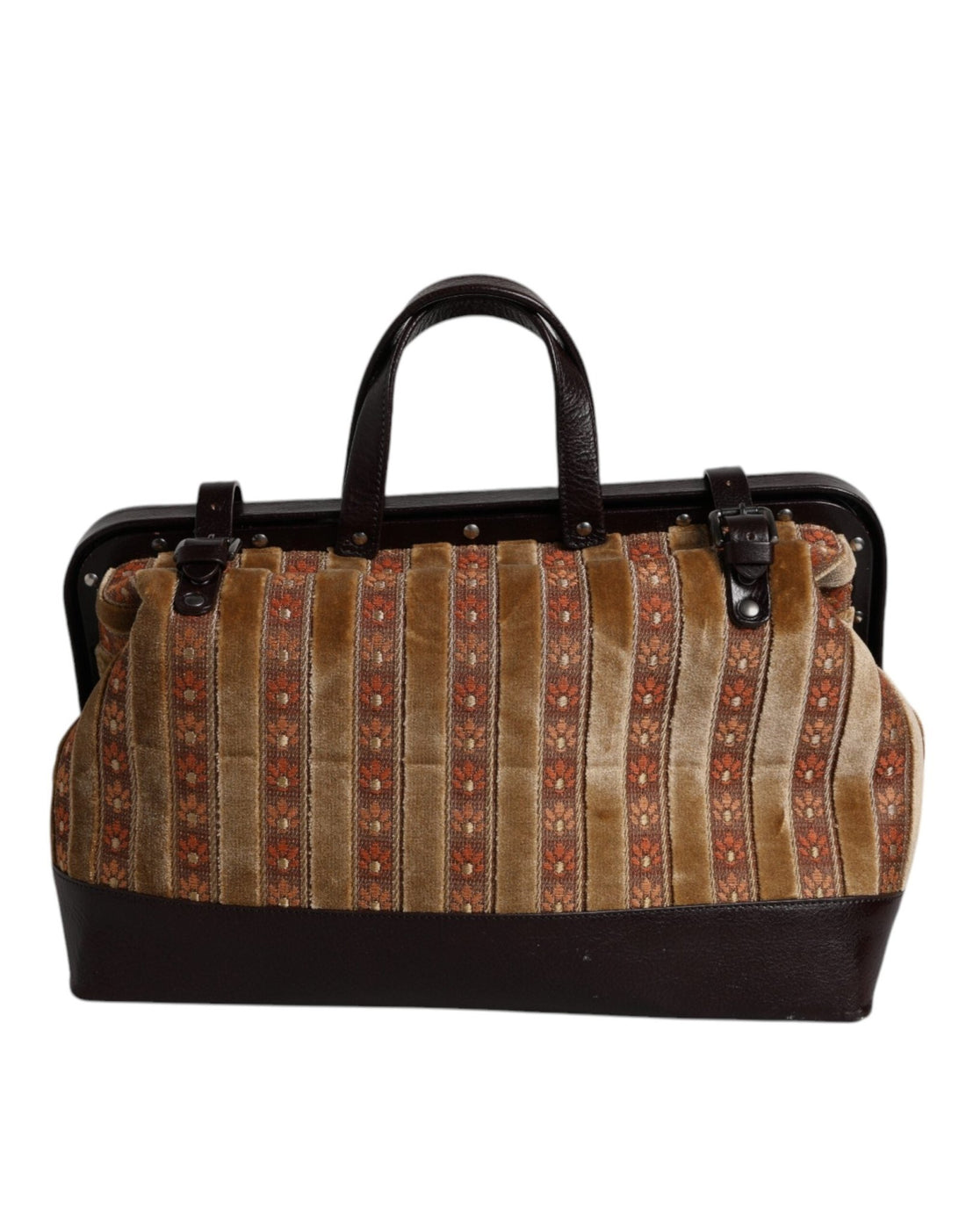 Dolce & Gabbana Beige Maroon Velvet Leather Jacquard Travel Handbag Bag - RIMODA