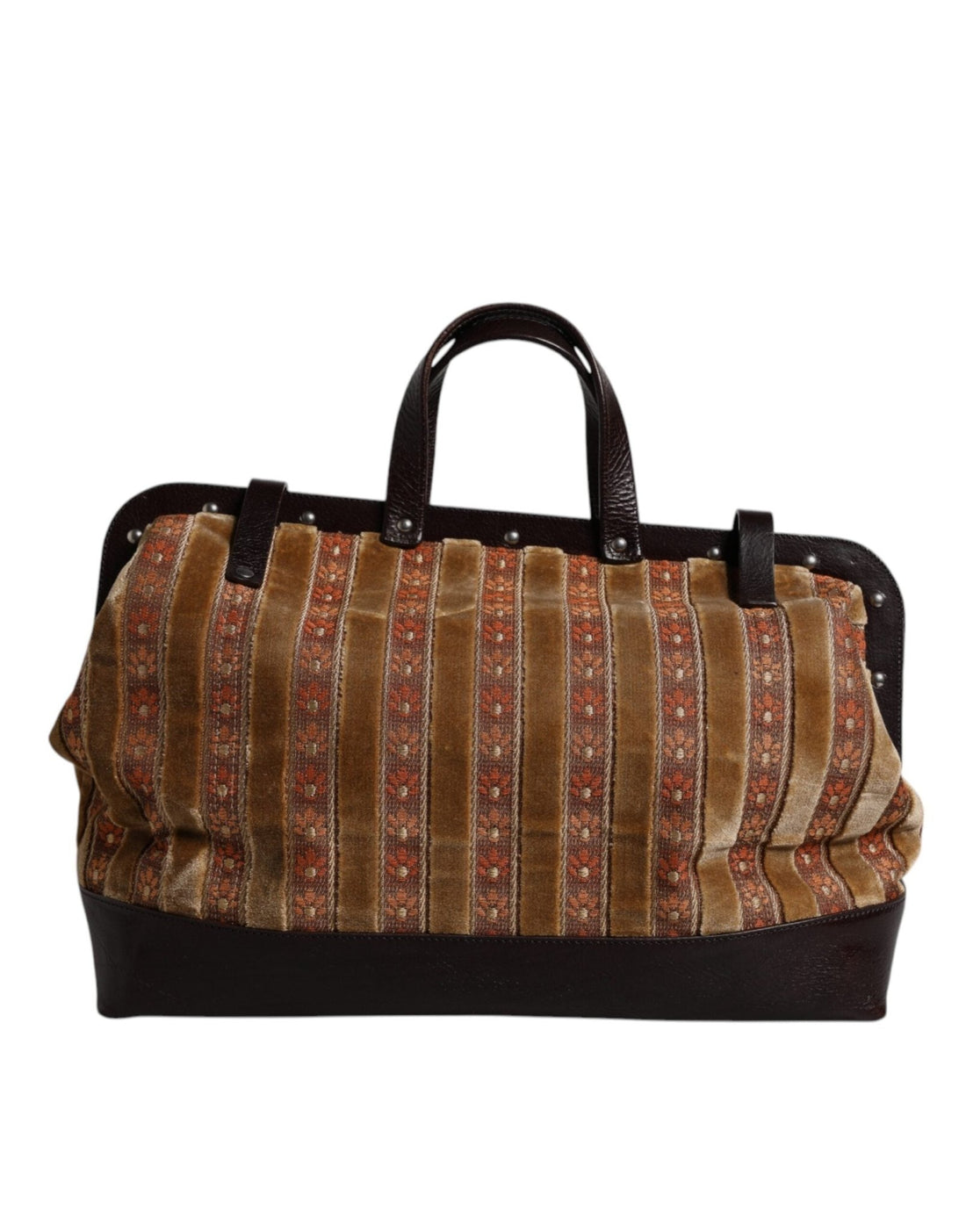 Dolce & Gabbana Beige Maroon Velvet Leather Jacquard Travel Handbag Bag - RIMODA