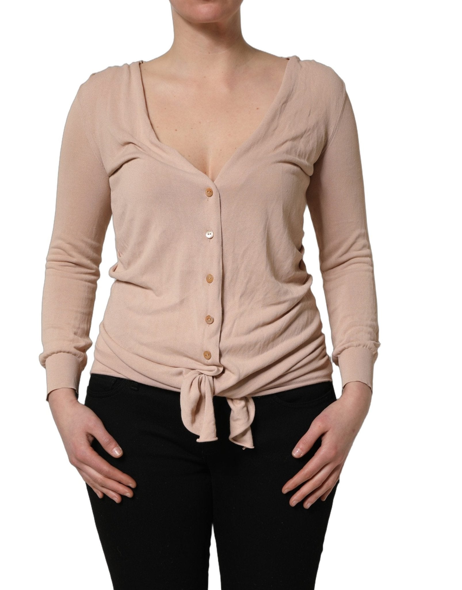 Dolce & Gabbana Beige Ribbed V - neck Front Tie Cardigan Sweater - RIMODA