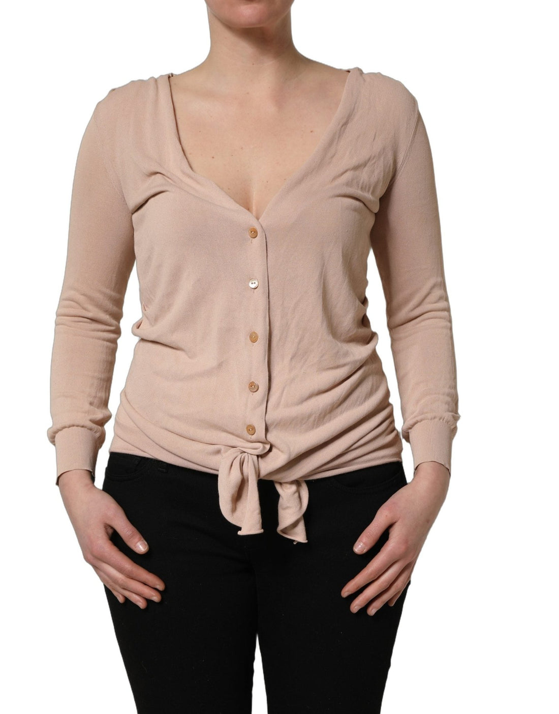Dolce & Gabbana Beige Ribbed V - neck Front Tie Cardigan Sweater - RIMODA