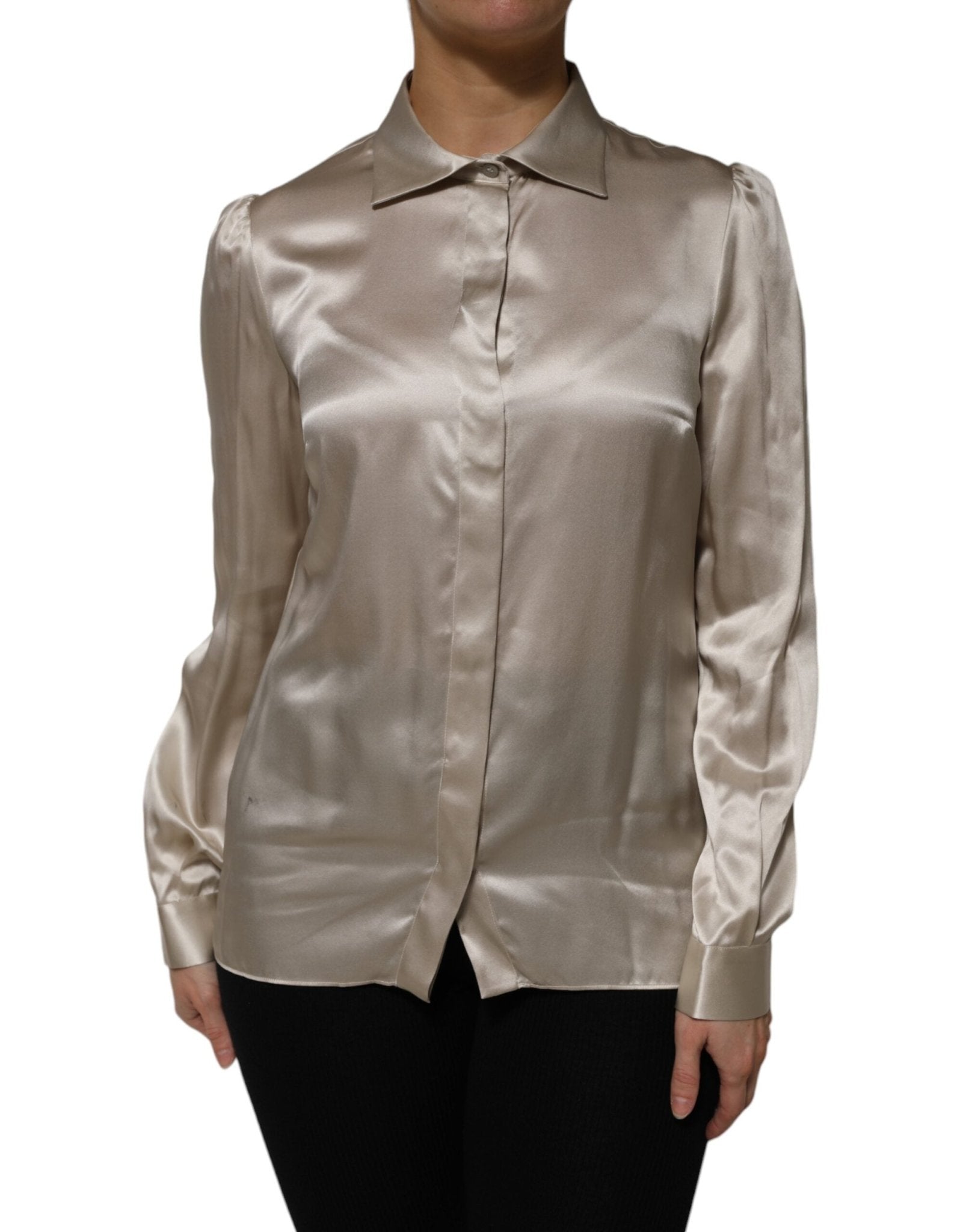 Dolce & Gabbana Beige Satin Silk Collared Long Sleeves Top - RIMODA
