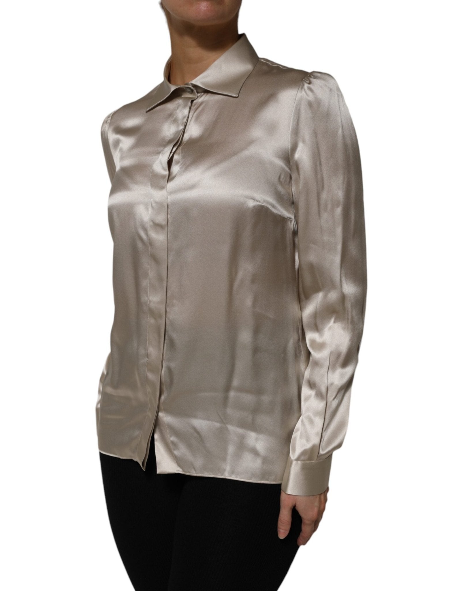 Dolce & Gabbana Beige Satin Silk Collared Long Sleeves Top - RIMODA