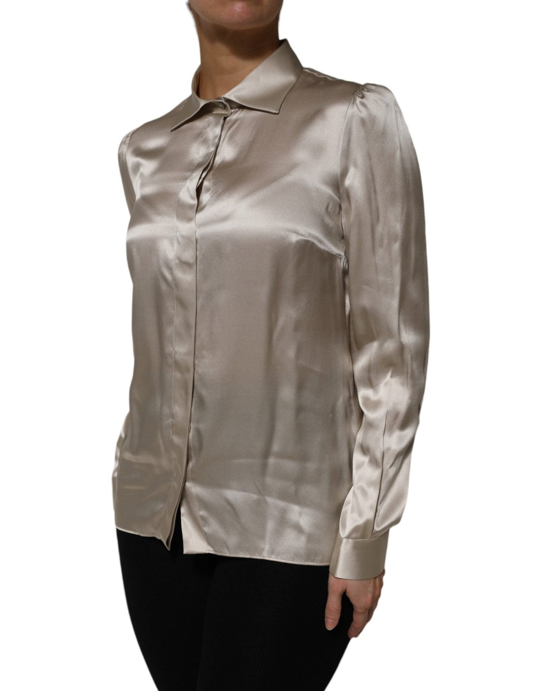Dolce & Gabbana Beige Satin Silk Collared Long Sleeves Top - RIMODA