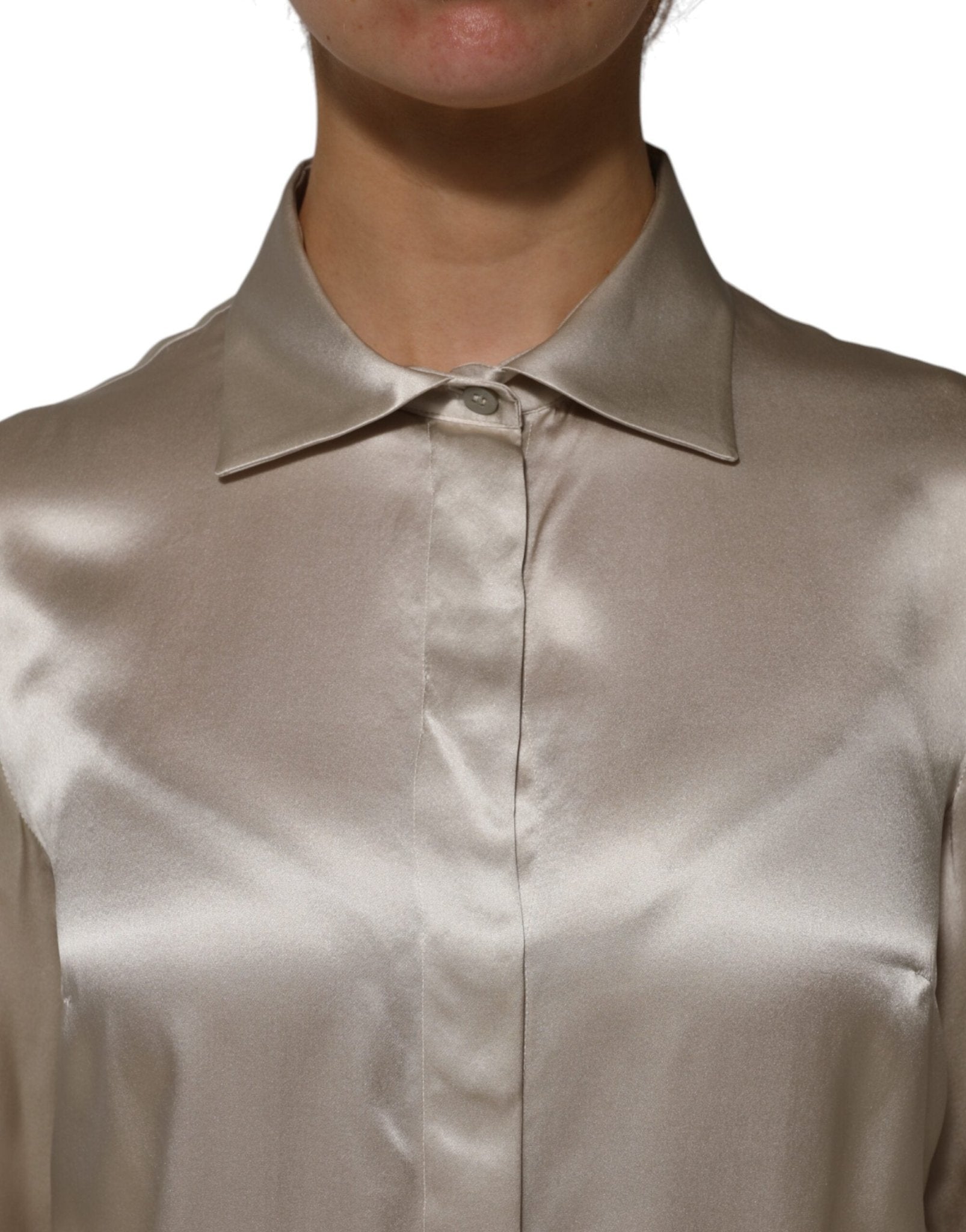 Dolce & Gabbana Beige Satin Silk Collared Long Sleeves Top - RIMODA