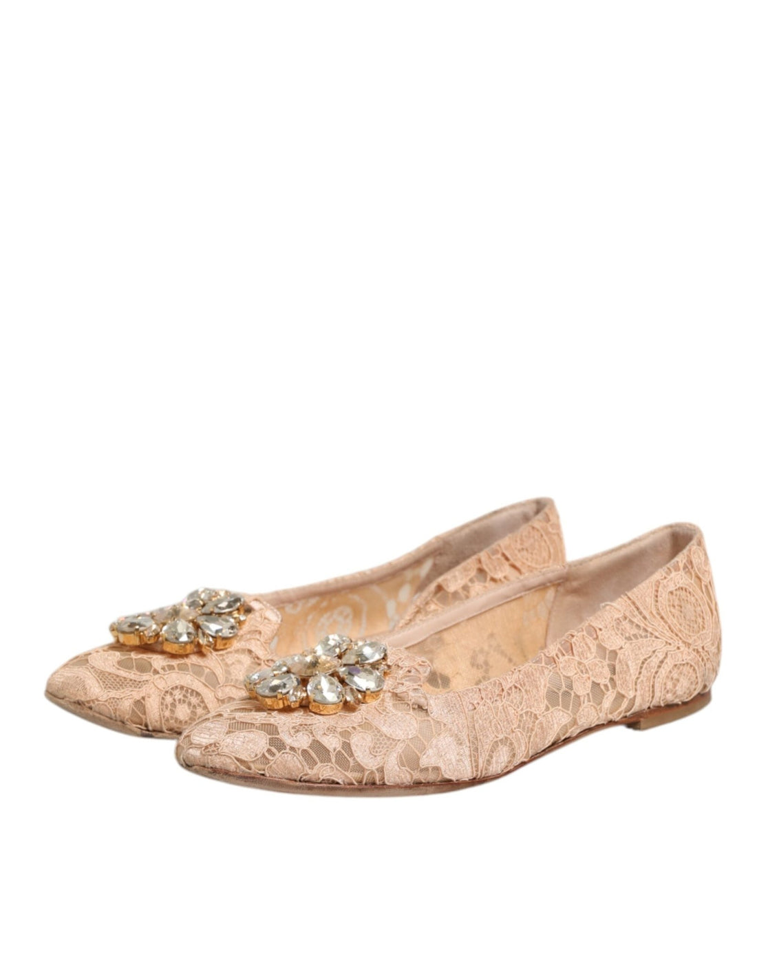 Dolce & Gabbana Beige Taormina Lace Crystals Flats Shoes - RIMODA