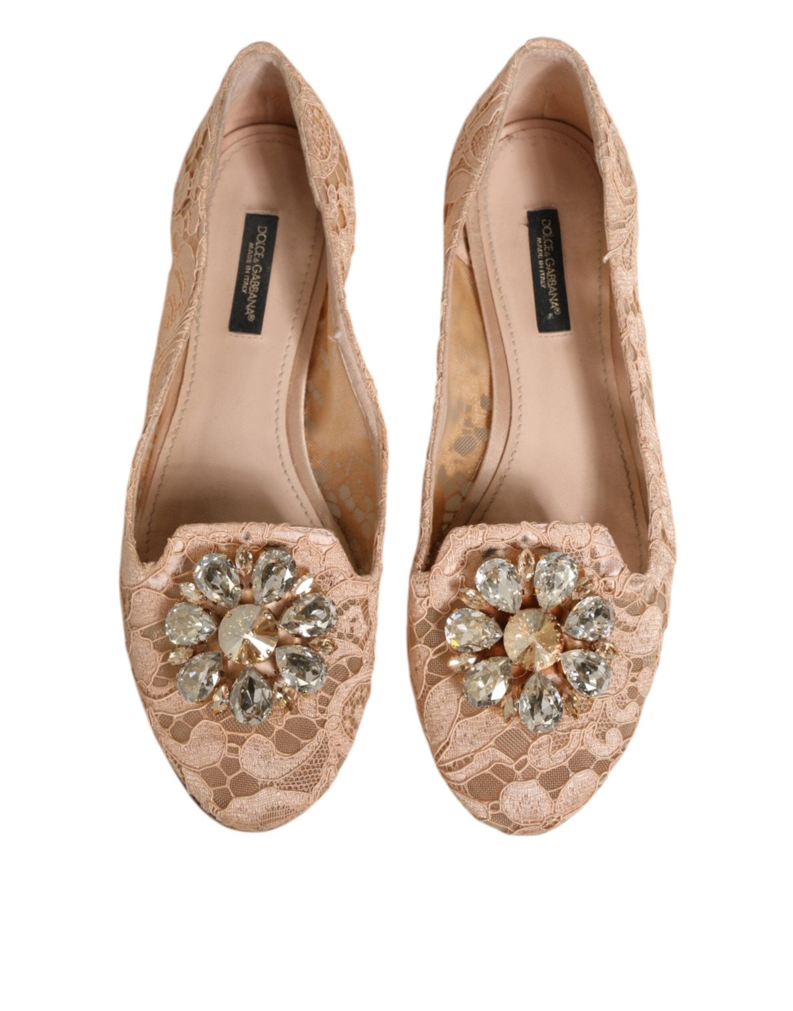Dolce & Gabbana Beige Taormina Lace Crystals Flats Shoes - RIMODA