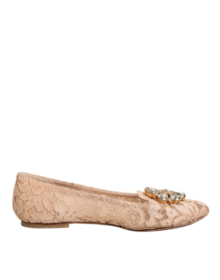 Dolce & Gabbana Beige Taormina Lace Crystals Flats Shoes - RIMODA