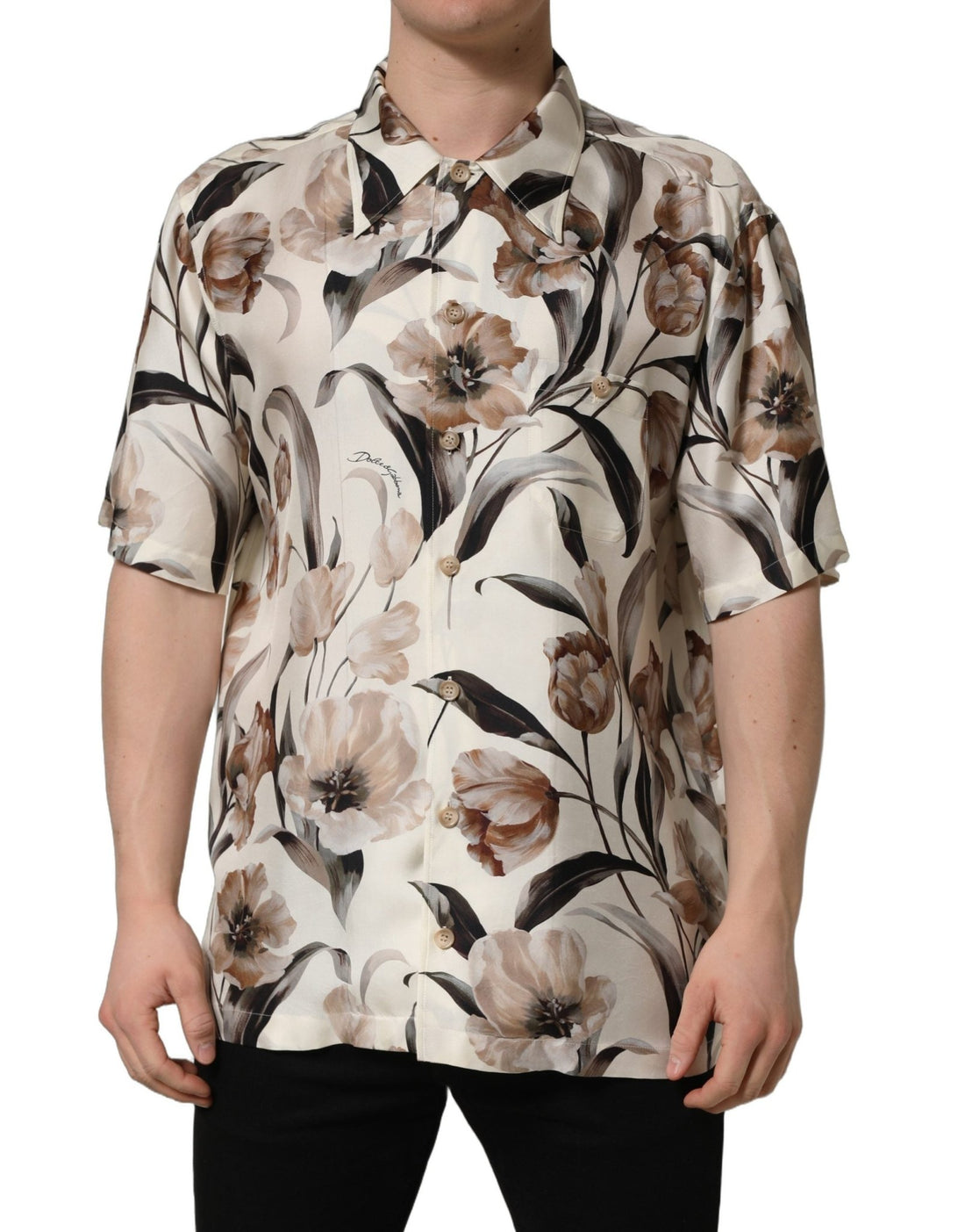 Dolce & Gabbana Beige Tulip Print Silk Short Sleeves Shirt - RIMODA