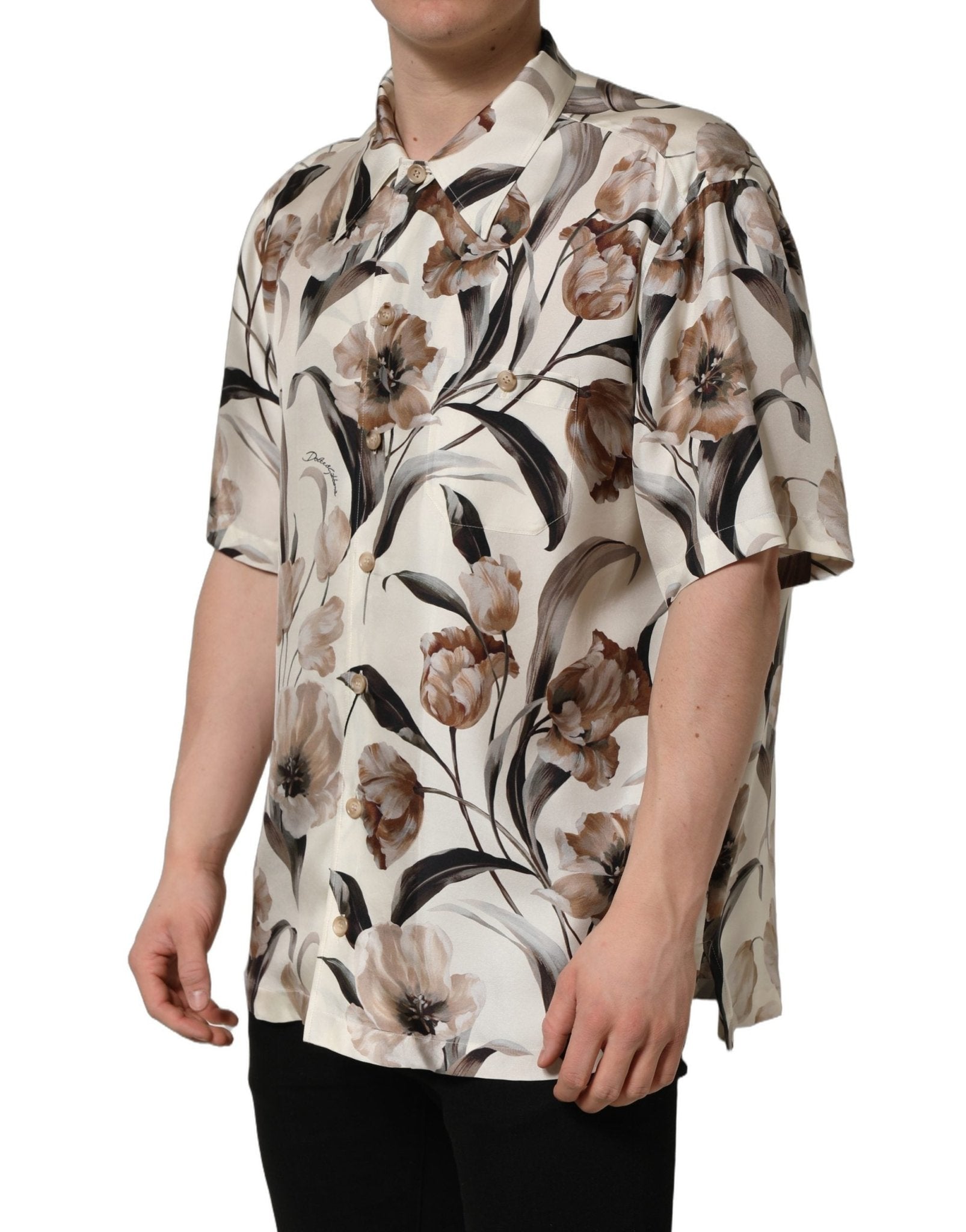 Dolce & Gabbana Beige Tulip Print Silk Short Sleeves Shirt - RIMODA