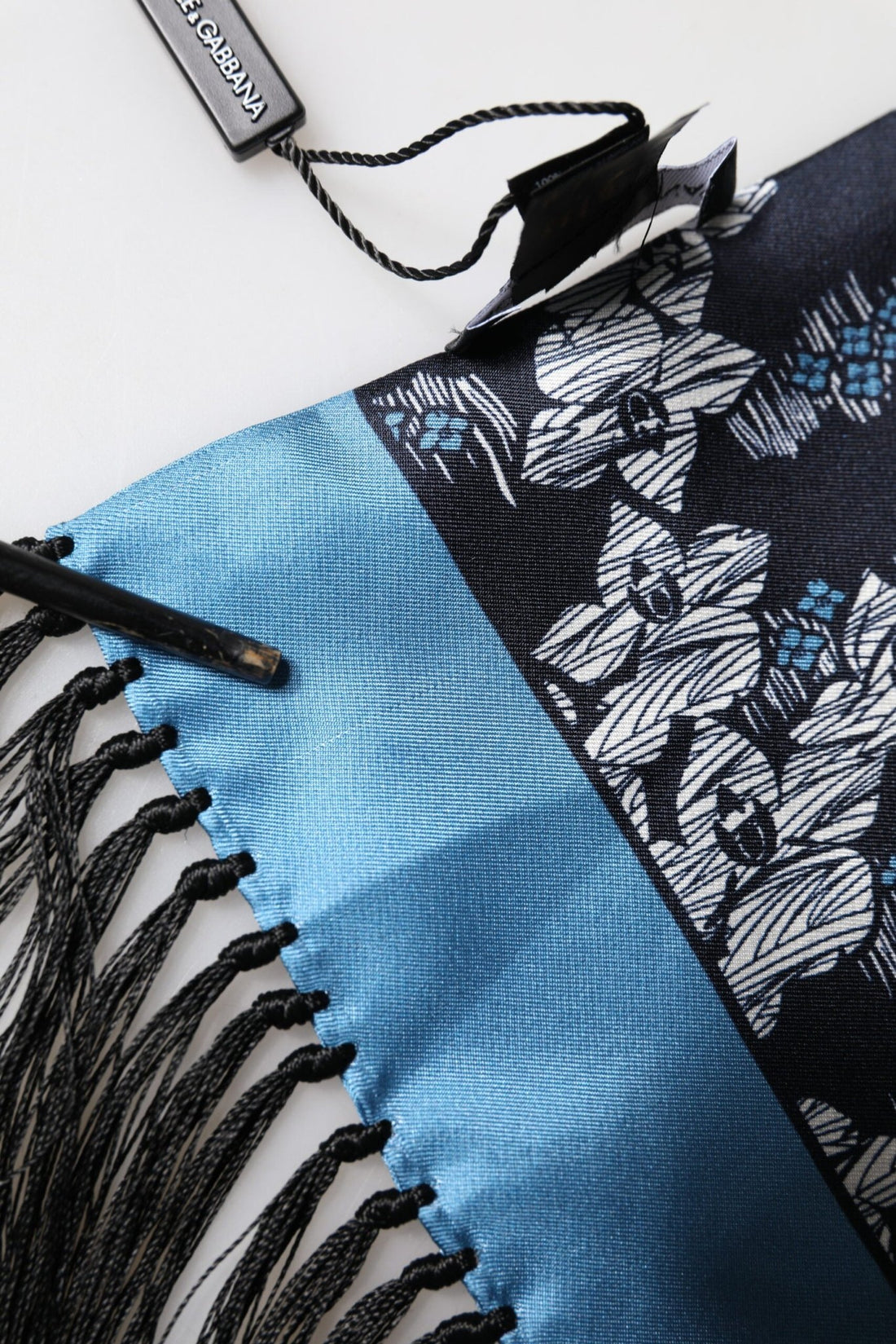 Dolce & Gabbana Black Blue Silk Floral Pattern Fringe 140cm x 16cm Scarf - RIMODA