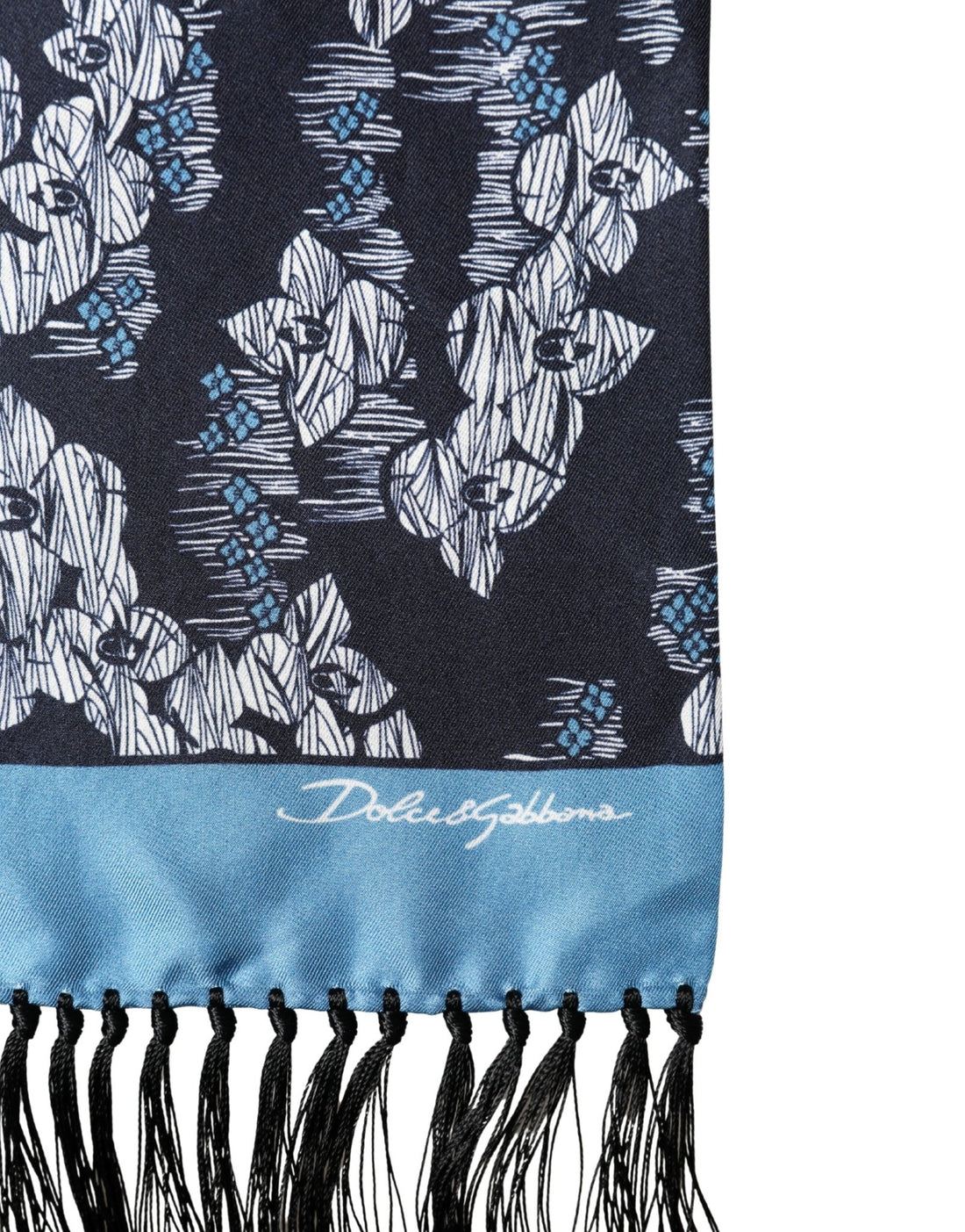 Dolce & Gabbana Black Blue Silk Floral Pattern Fringe 140cm x 16cm Scarf - RIMODA