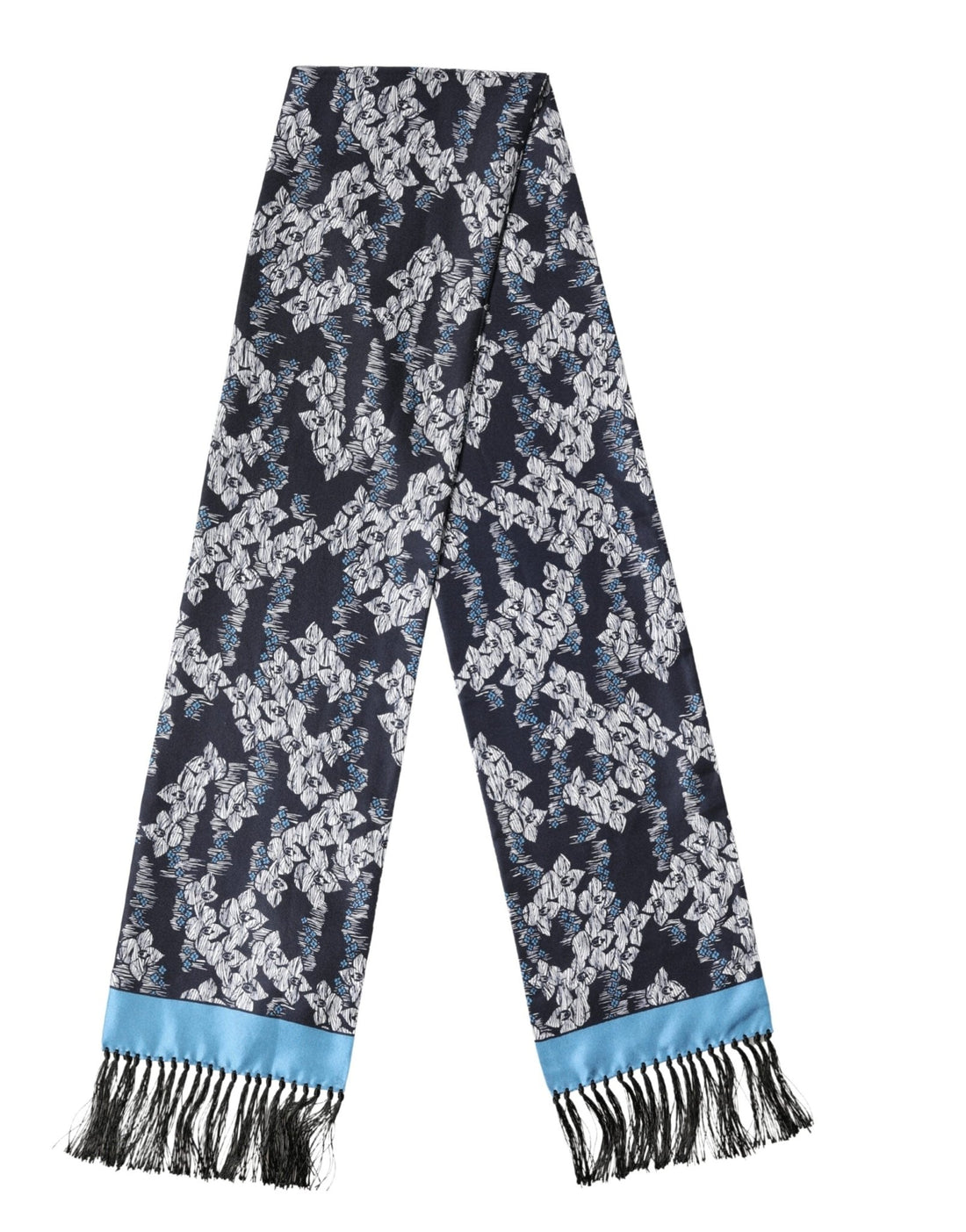 Dolce & Gabbana Black Blue Silk Floral Pattern Fringe 140cm x 16cm Scarf - RIMODA