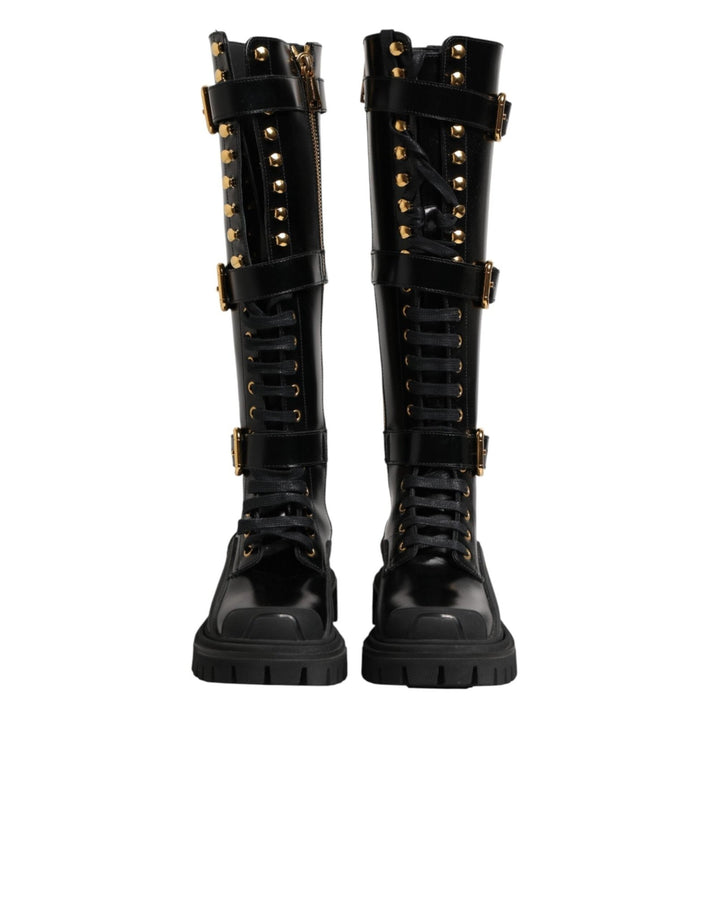 Dolce & Gabbana Black Buckle Embellished Knee High Boots Shoes - RIMODA