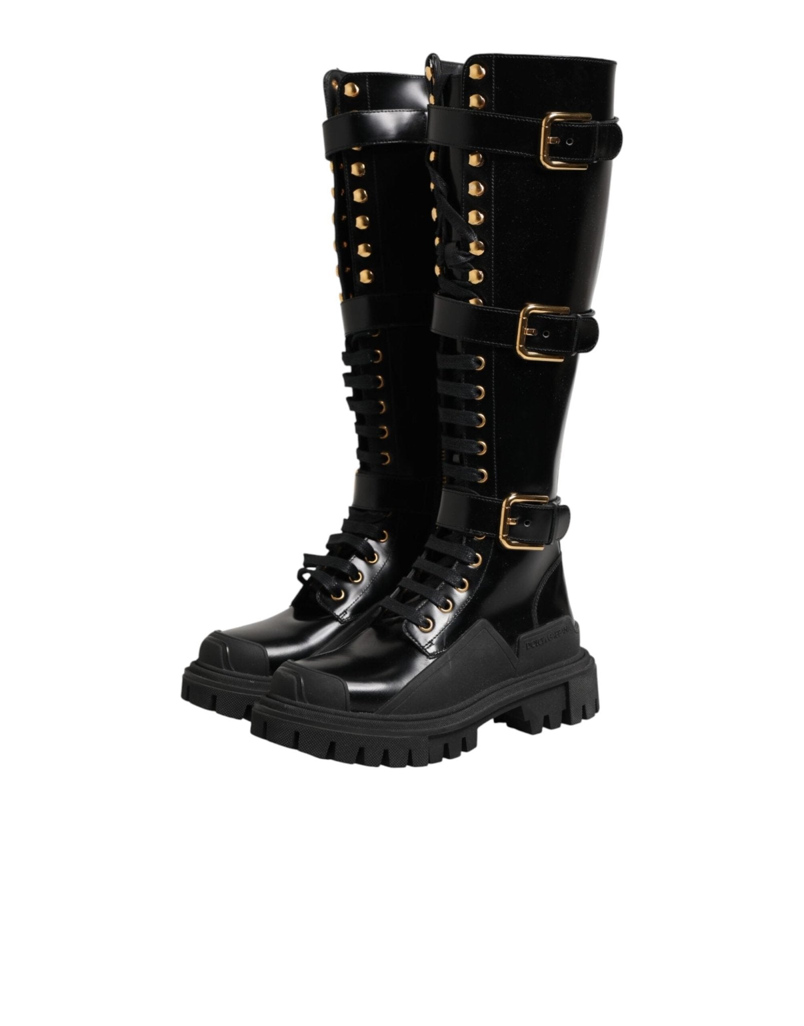 Dolce & Gabbana Black Buckle Embellished Knee High Boots Shoes - RIMODA