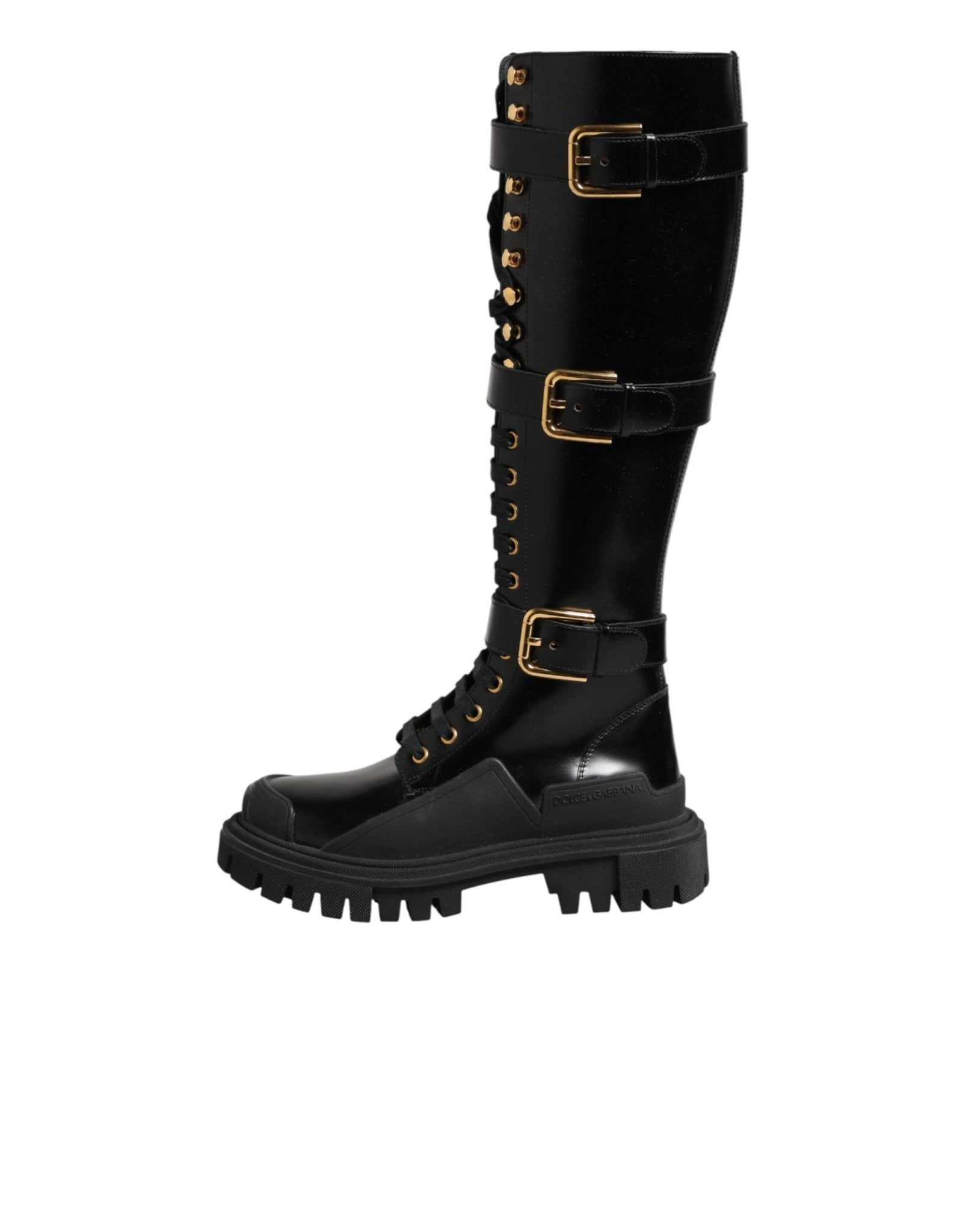 Dolce & Gabbana Black Buckle Embellished Knee High Boots Shoes - RIMODA