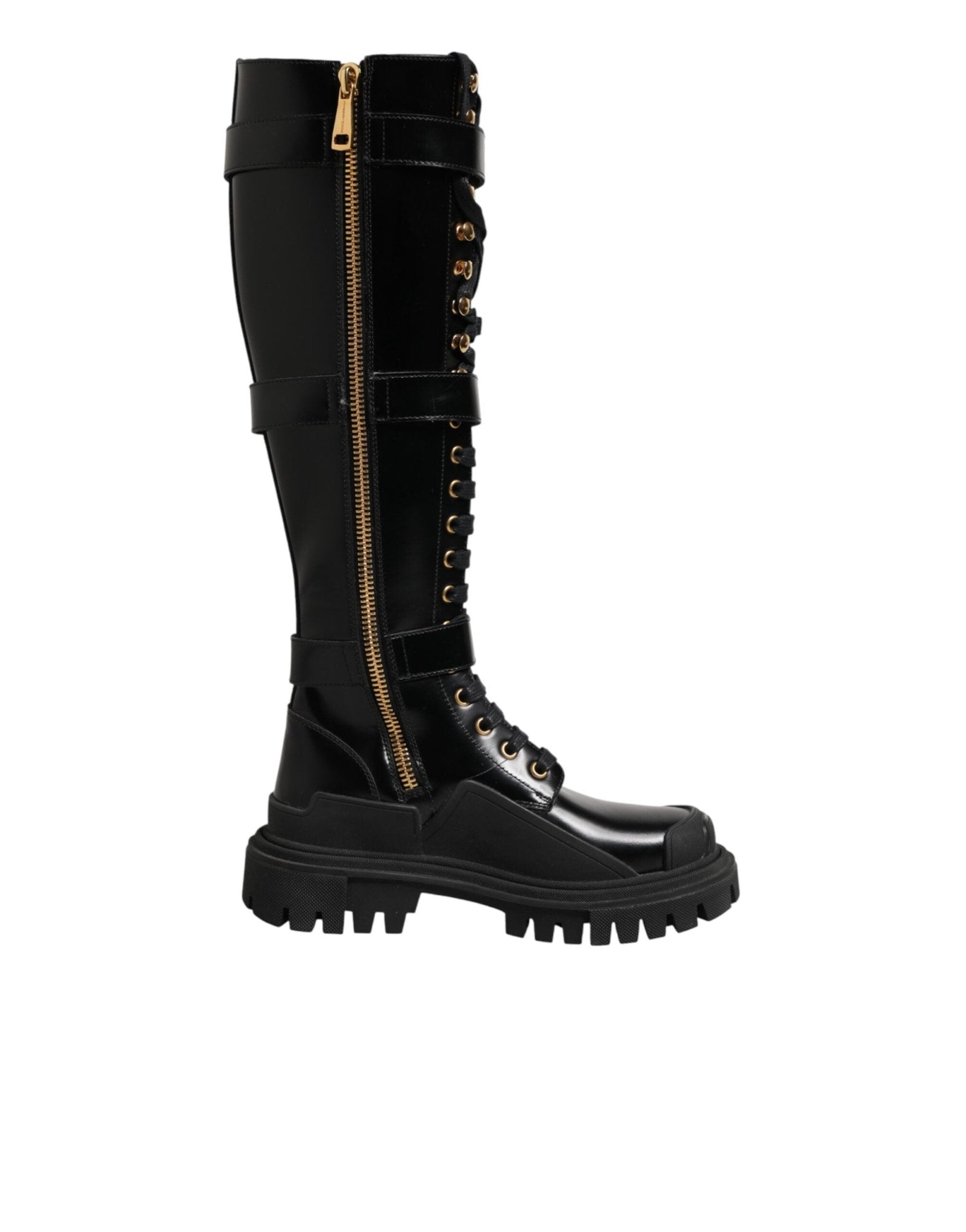 Dolce & Gabbana Black Buckle Embellished Knee High Boots Shoes - RIMODA