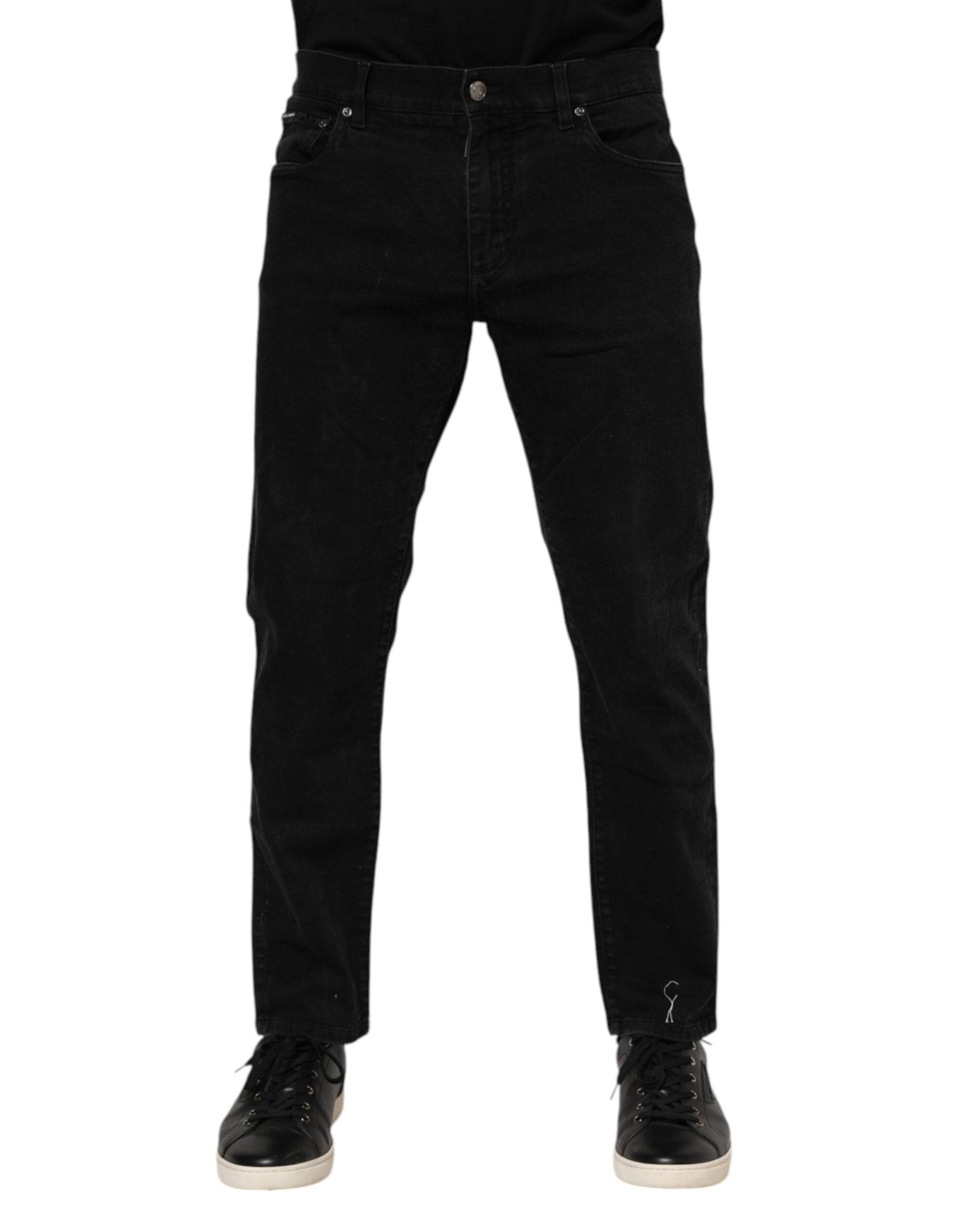 Dolce & Gabbana Black Cotton Logo Plaque Slim Fit Denim Jeans - RIMODA