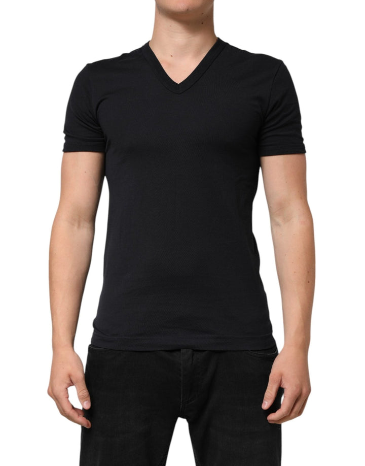 Dolce & Gabbana Black Cotton Plain V-Neck Men Shirt T-shirt - RIMODA