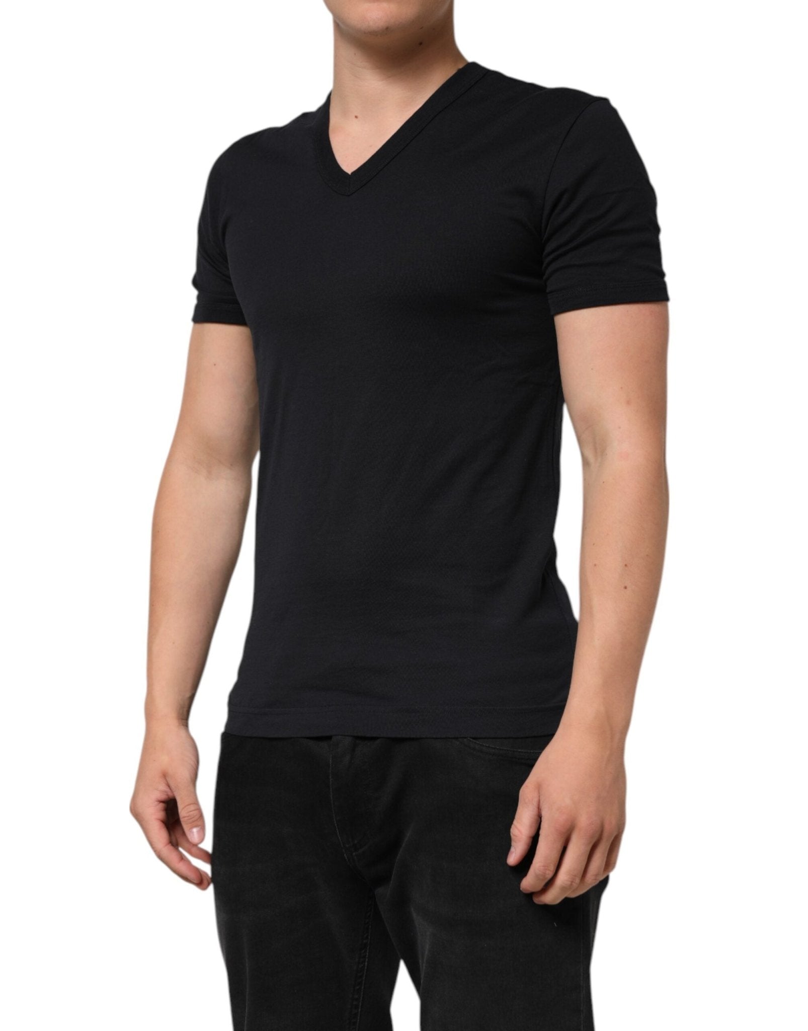 Dolce & Gabbana Black Cotton Plain V-Neck Men Shirt T-shirt - RIMODA