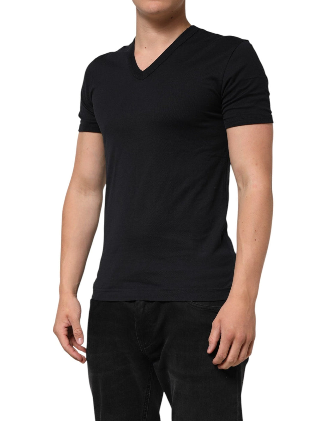 Dolce & Gabbana Black Cotton Plain V-Neck Men Shirt T-shirt - RIMODA