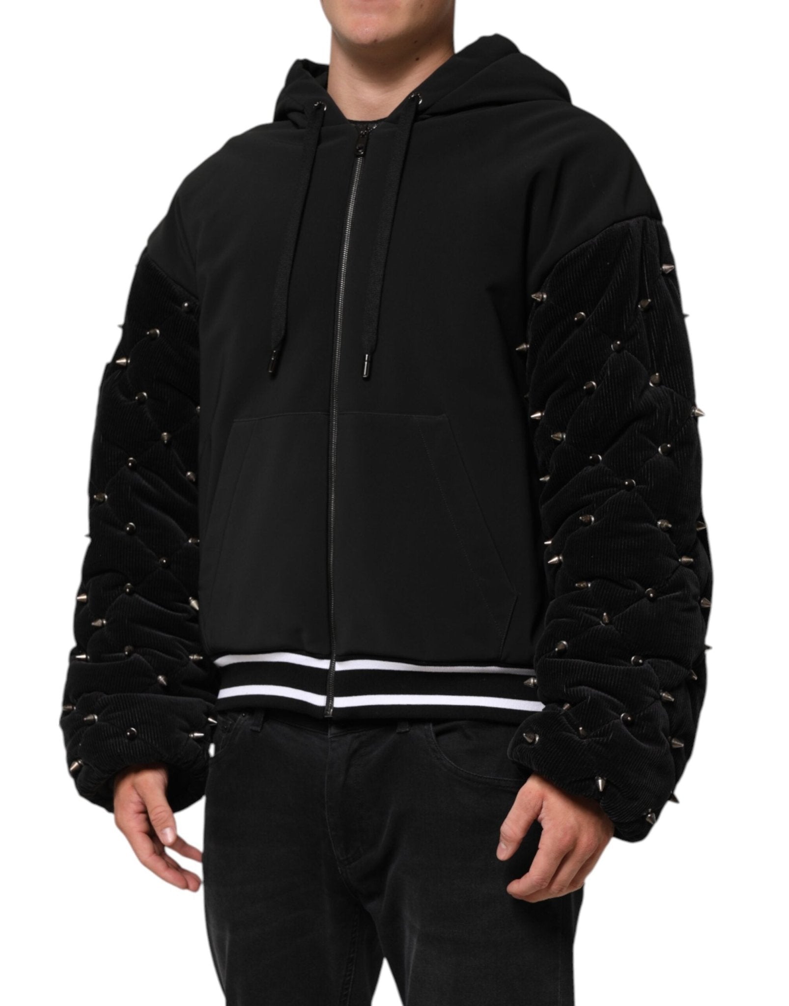 Dolce & Gabbana Black Cotton Quilted Studded Sleeve Hoodie Jacket - RIMODA